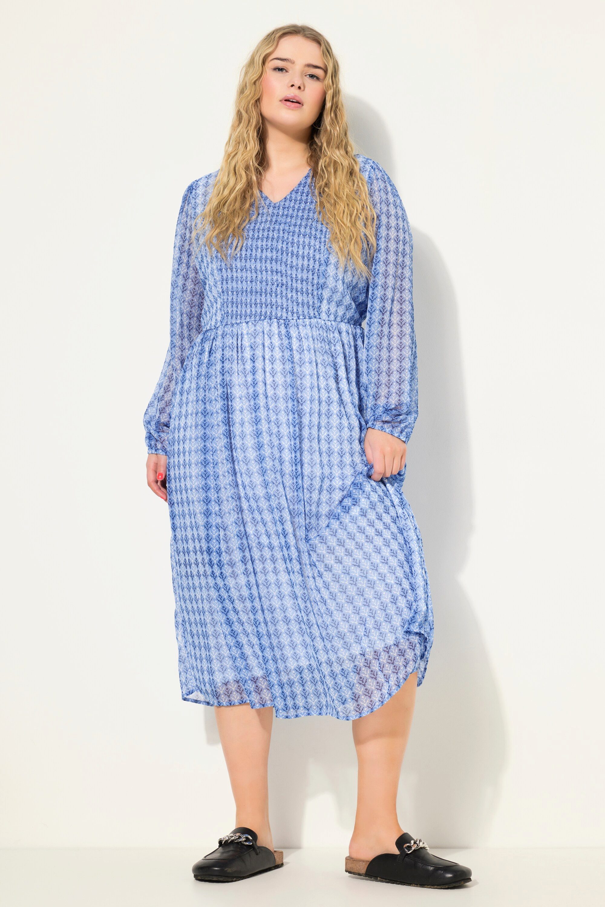 Maxikleid Midikleid A-Line Minimal-Print V-Ausschnitt