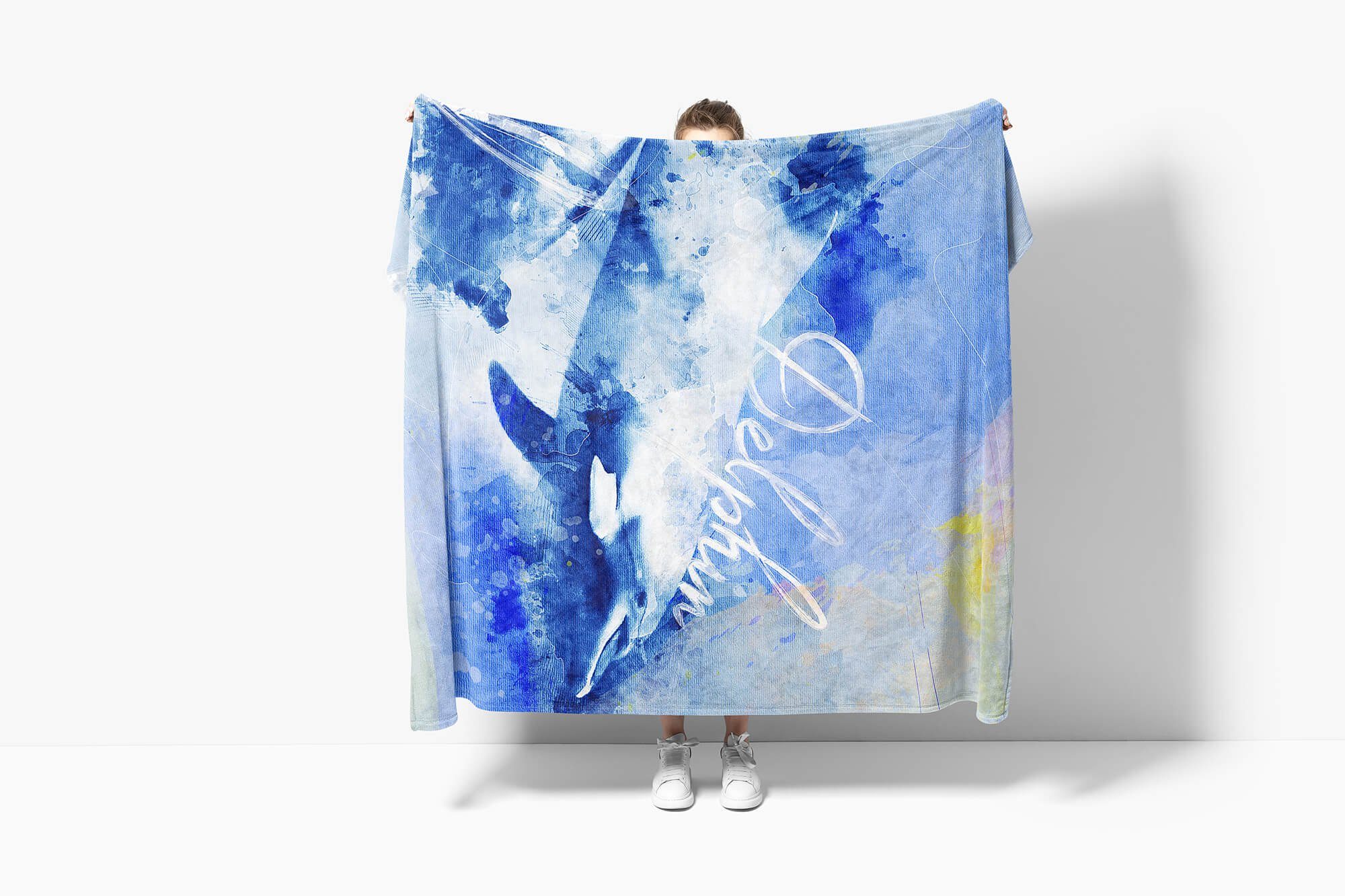 Saunatuch Tier Baumwolle-Polyester-Mix SplashArt Handtuch Delphins Mo, Kunstvoll Serie Art Handtücher (1-St), Strandhandtuch Sinus Handtuch Kuscheldecke