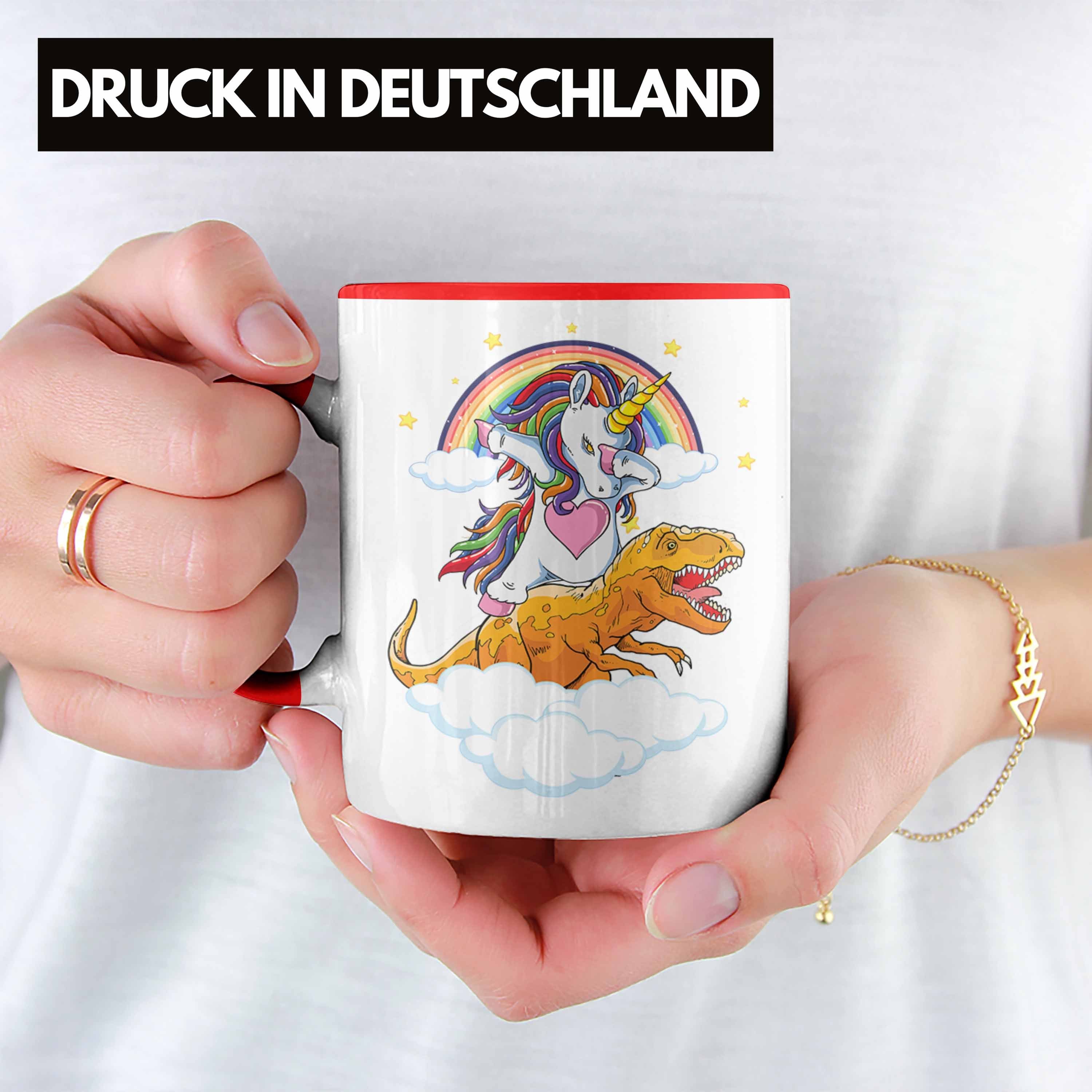 Trendation Tasse Grafik Tasse Einhorn T-Rex Rot Geschenk Lustig