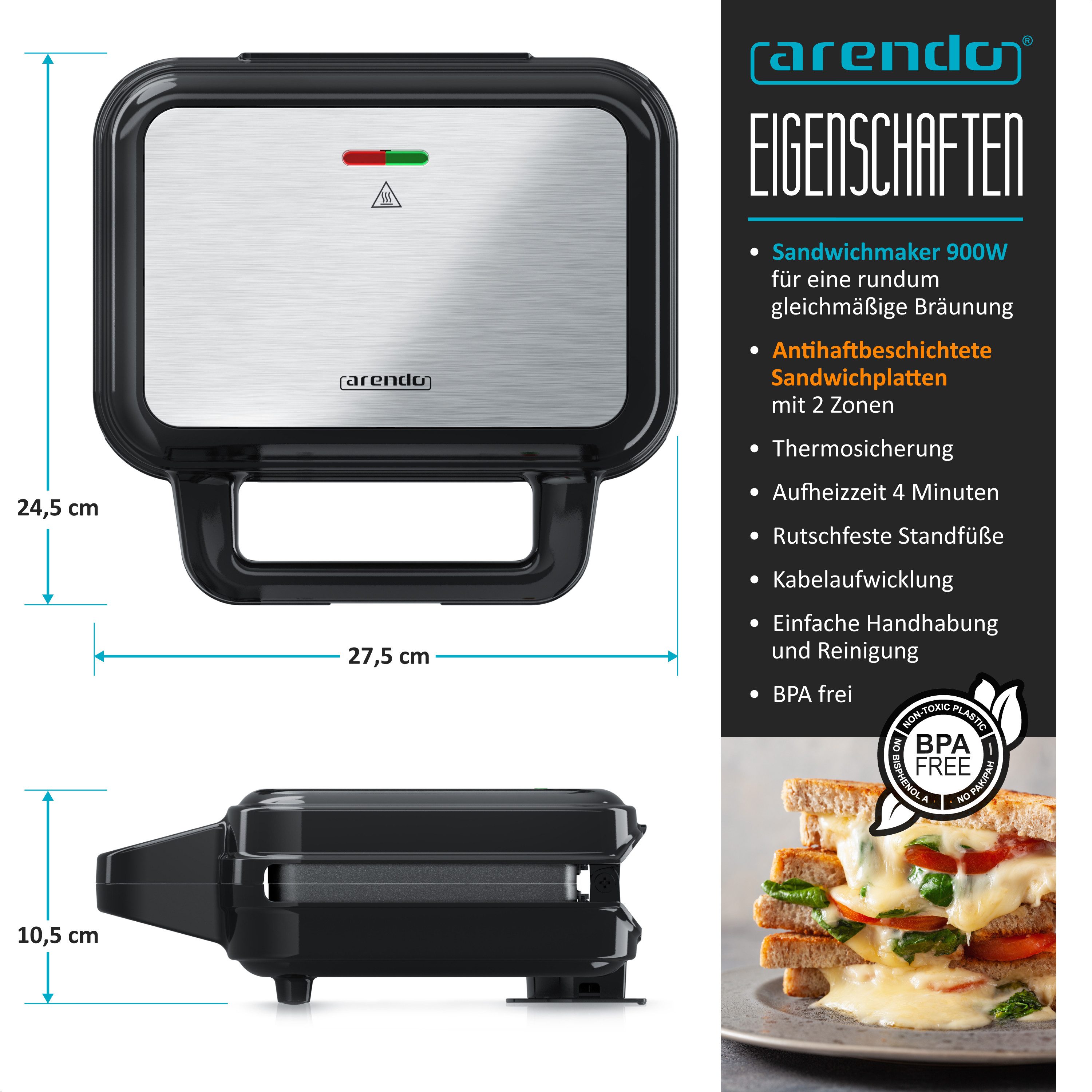 Arendo Sandwichmaker Sandwich Maker, Temperaturkontrolle, Cool Touch Griffe, Anti-Rutsch-, 900 W, Füße, Antihaftbeschichtung, Kabelaufwicklung, BPA-frei