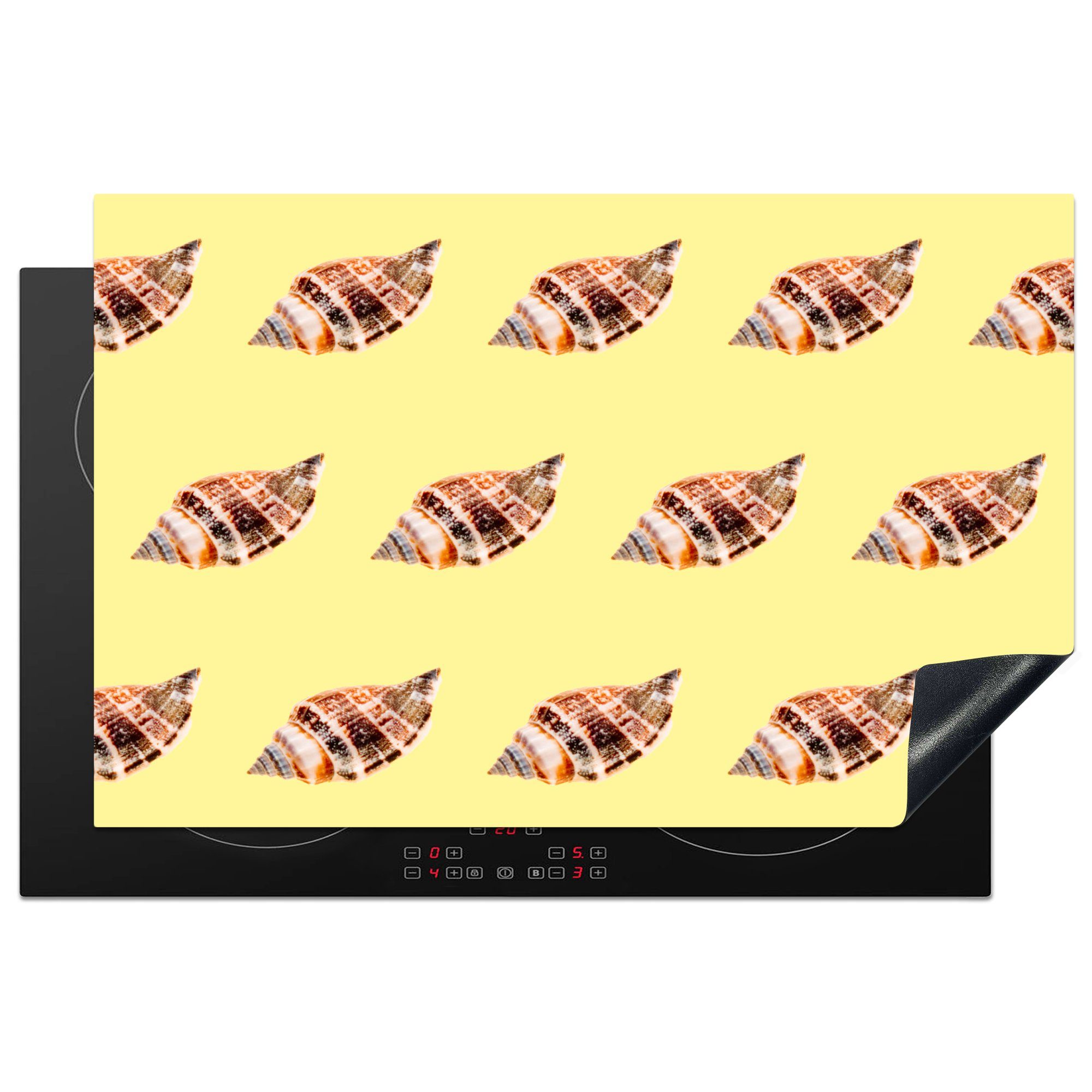 MuchoWow Herdblende-/Abdeckplatte Muscheln - Muster - Gelb, Vinyl, (1 tlg), 81x52 cm, Induktionskochfeld Schutz für die küche, Ceranfeldabdeckung