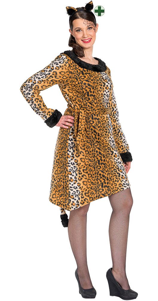 Karneval-Klamotten Kostüm Leoparden Katzen Damenkostüm mit Haarreif, Frauenkostüm Leopardenkleid Erwachsene Karneval Fasching