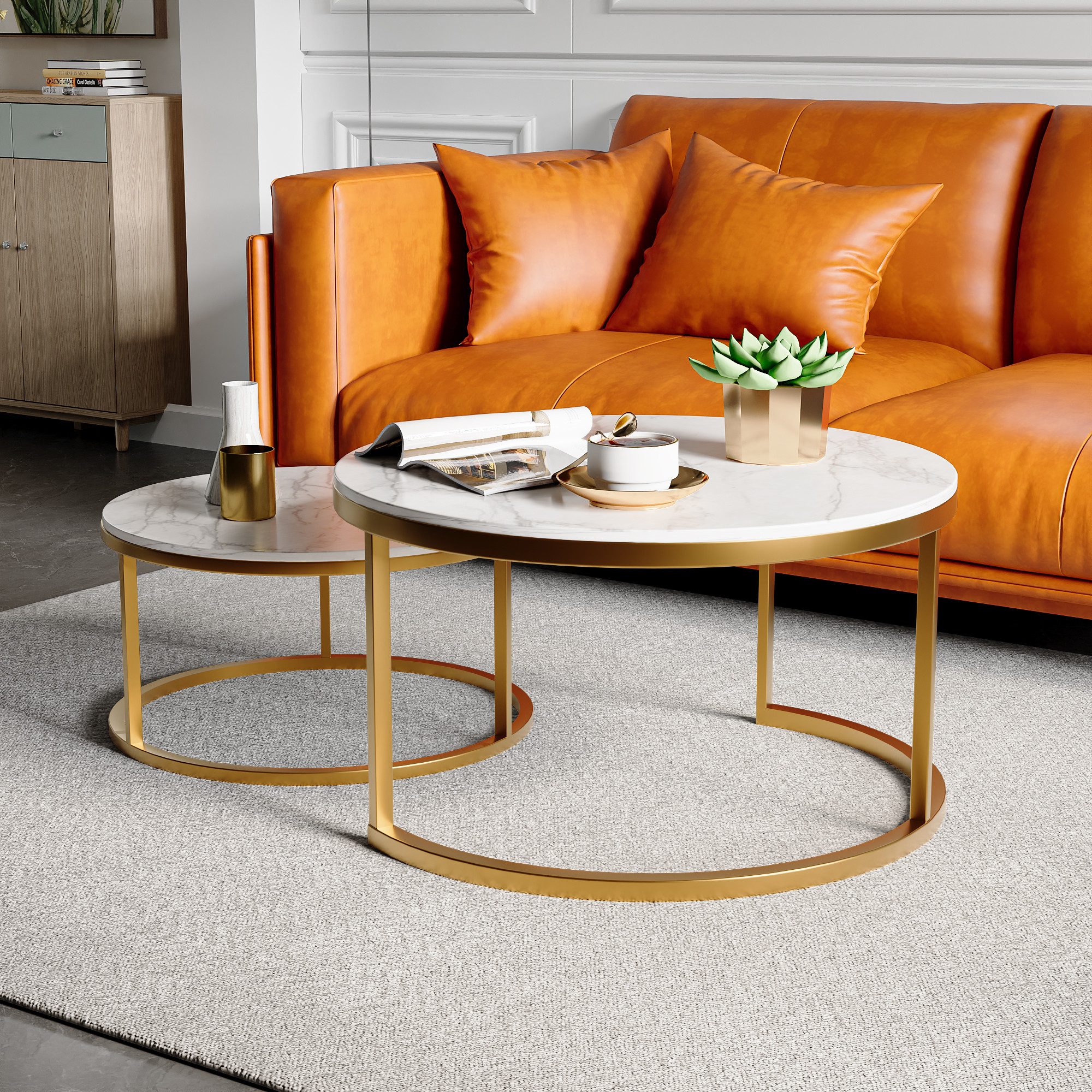 Furnishings Home Couchtisch rund Kaffeetisch Beistelltisch Satztische 2er Set, Große Werbung (2-St., Zweiteiliges Set), 2tlg. mit Marmormuster 80x45cm+60x33cm – Bild 4 von 5