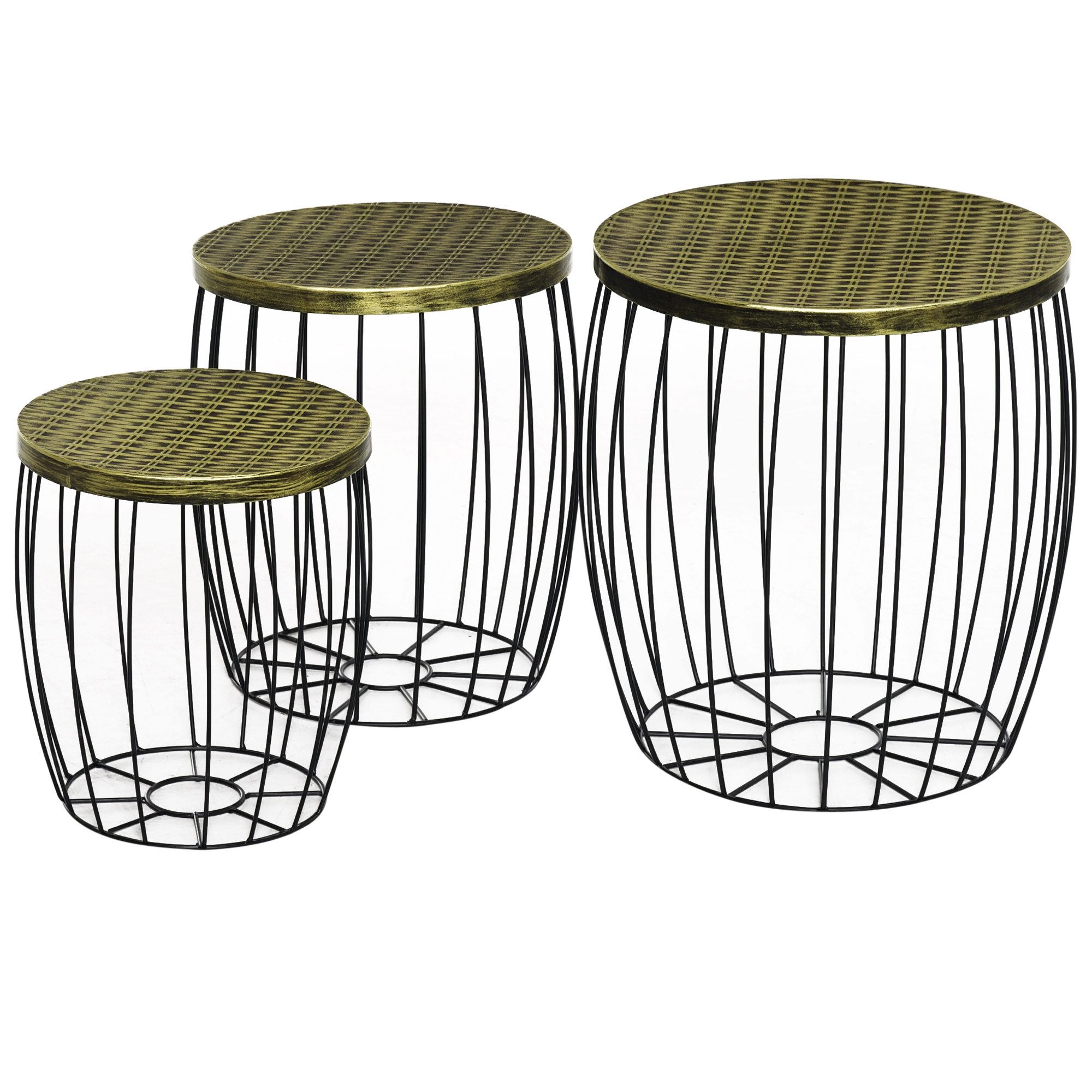 Outsunny Gartentisch Retro Metallkorb Drahtkorb Garten Satztisch Gartenmöbel Outdoor Balkon (Couchtische, 3-St., Beistelltische), Metall, Natur+Schwarz, 3 Größen