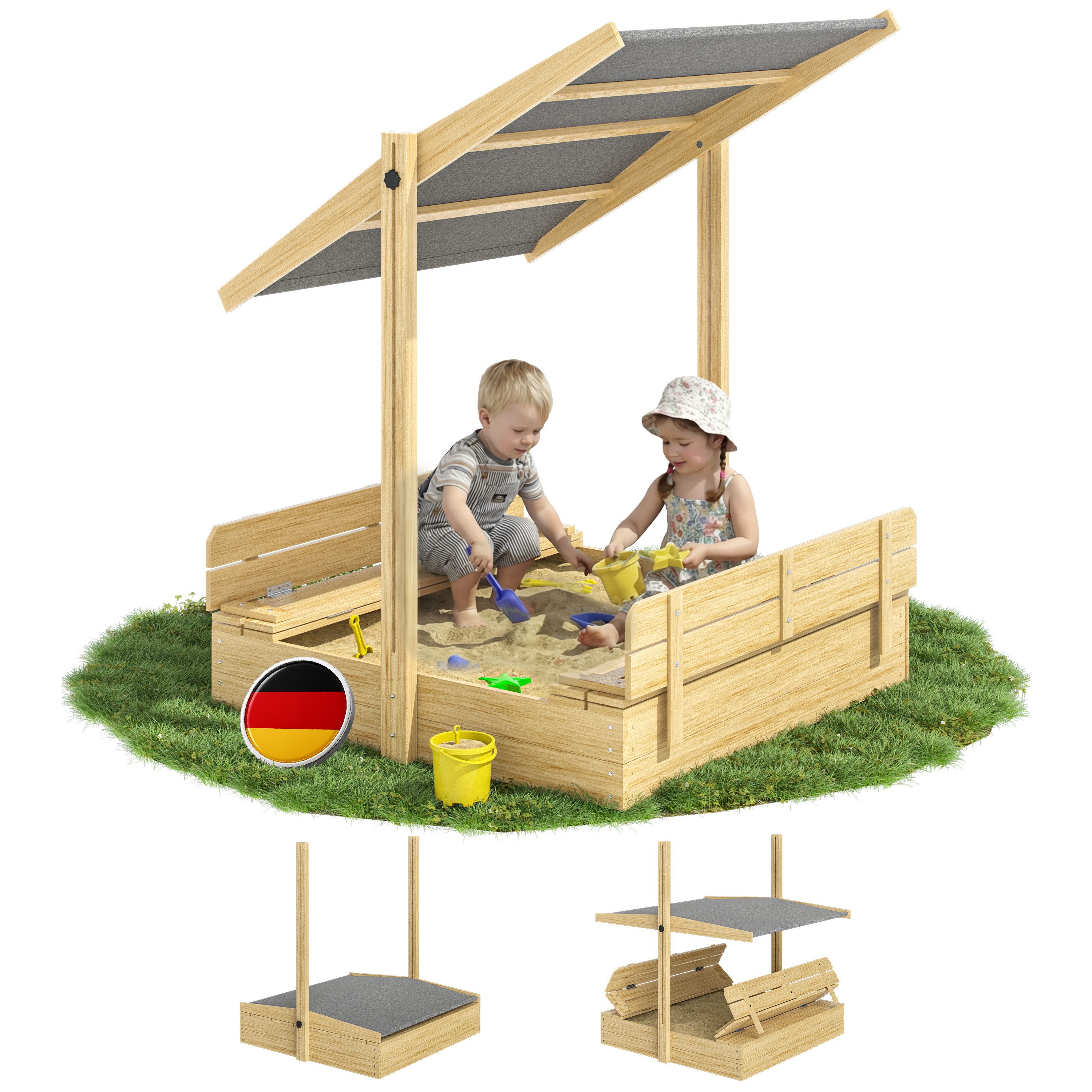 Spielwerk Sandkasten Toni, Sandkasten mit Sonnendach Sitzbank 120x120x120cm Fichtenholz UV 50+