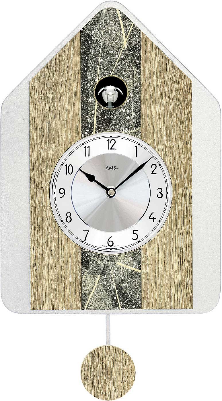 AMS Wanduhr moderne Kuckucksuhr Natur-Baumblatteinlage - AMS Modell: 7499
