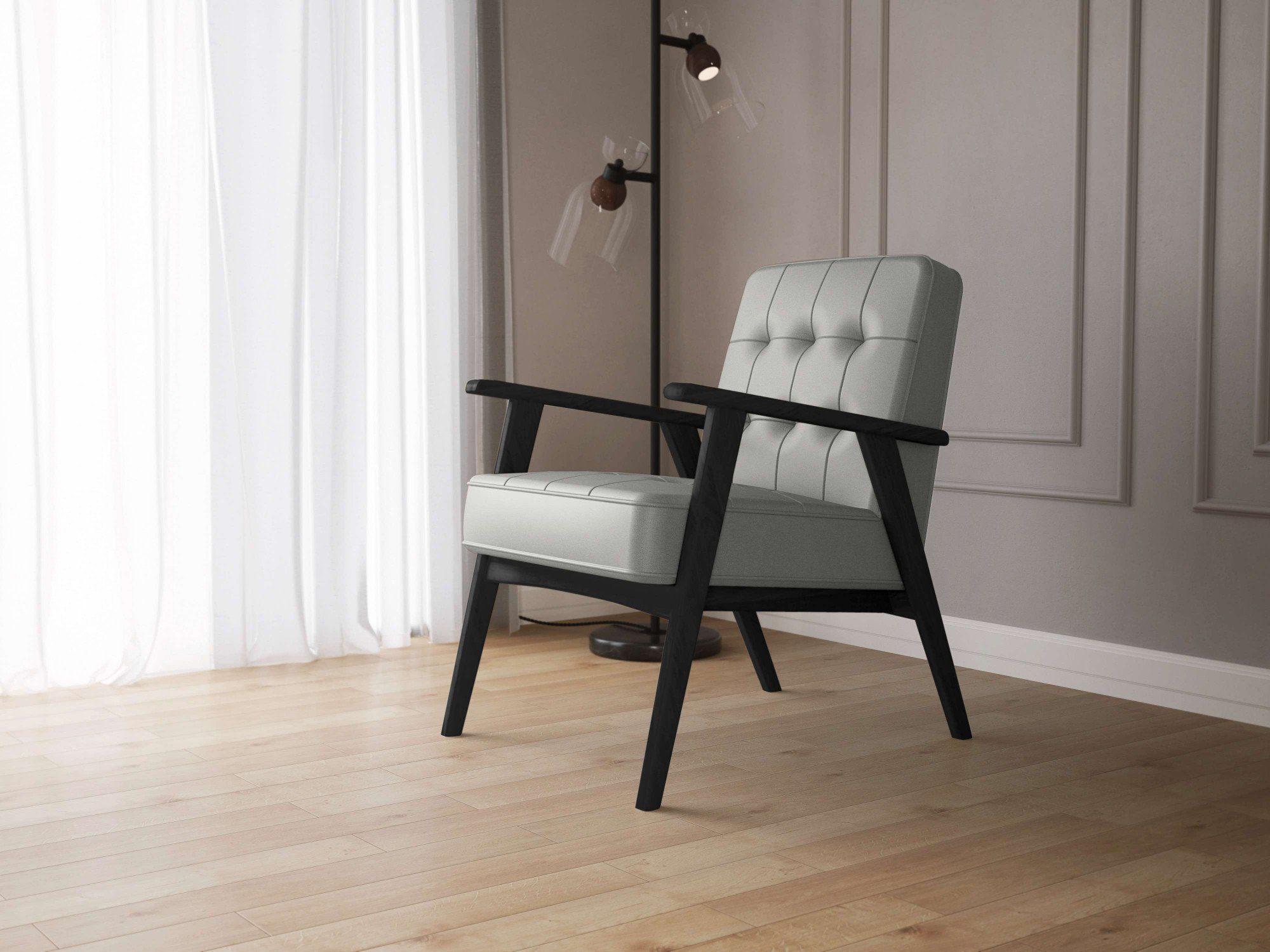 Grey Alvared, andas hohen aus edles Wellenunterfederung Sessel Sitzkomfort Natural Design Massivholz, Lederoptik, in mit für