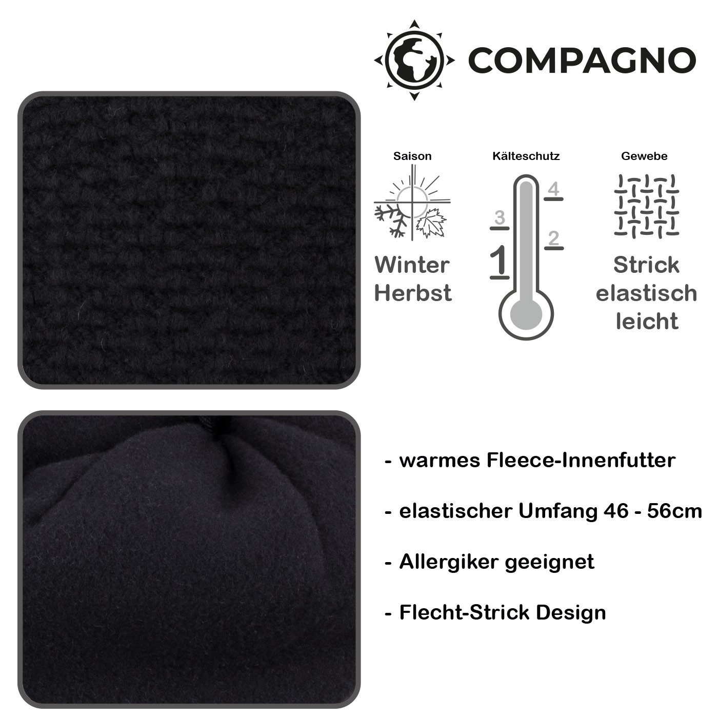 compagno Strickmütze (1-St) Grobstrick Beanie Wintermütze Strickmütze Damen gefüttert Fleece