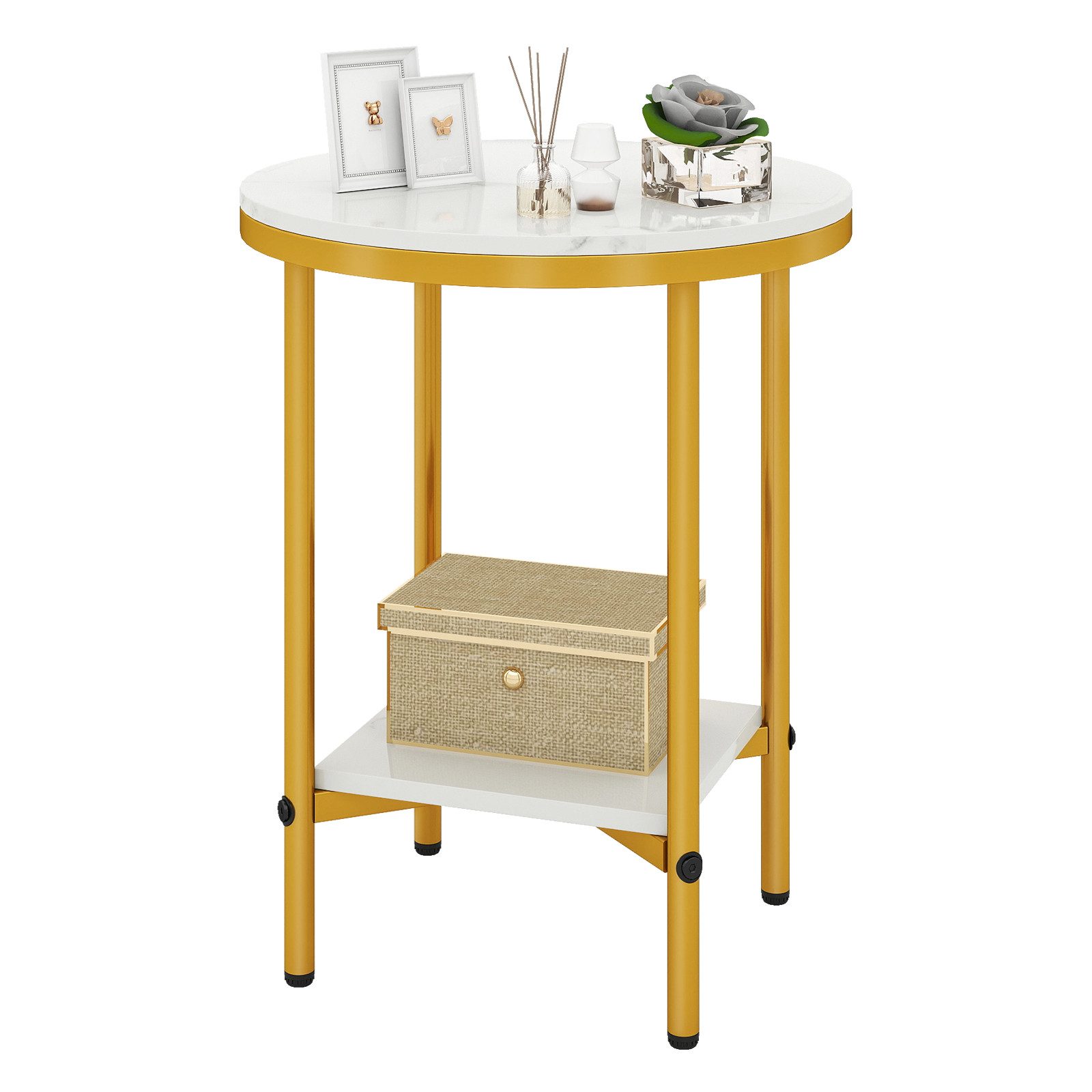 COSTWAY Beistelltisch, rund Sofatisch Marmor Optik mit Ablage Nachttisch Gold