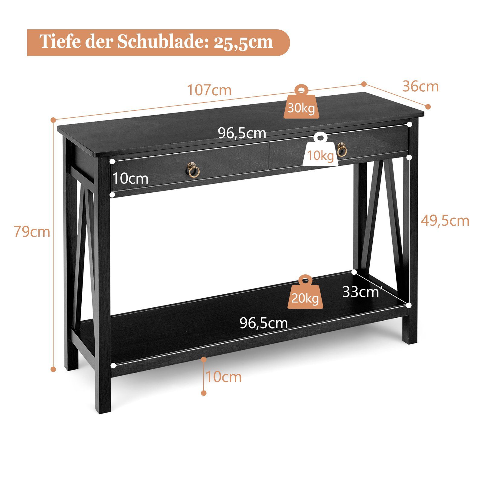 COSTWAY Konsolentisch, mit Schublade&Ablage, schmal, 107x36cm, schwarz Holz