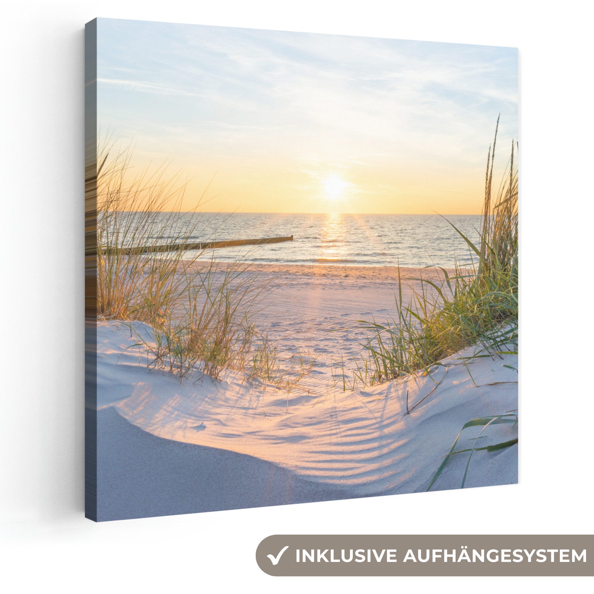 OneMillionCanvasses® Leinwandbild Strand - Sonne - Düne - Gras - Sand - Horizont, Fotodruck (1 St), Wandbild, Deko Schlafzimmer Wohnzimmer Flur 20x20 cm