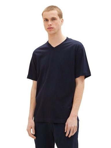 TOM TAILOR Denim T-Shirt mit abgerundetem V-Ausschnitt dunkelblau