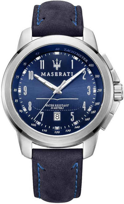 MASERATI Quarzuhr »Maserati Herren Uhr Analog Successo«, (Armbanduhr), Herren Armbanduhr, groß (ca. 52x44mm), Lederarmband blau, Fashion