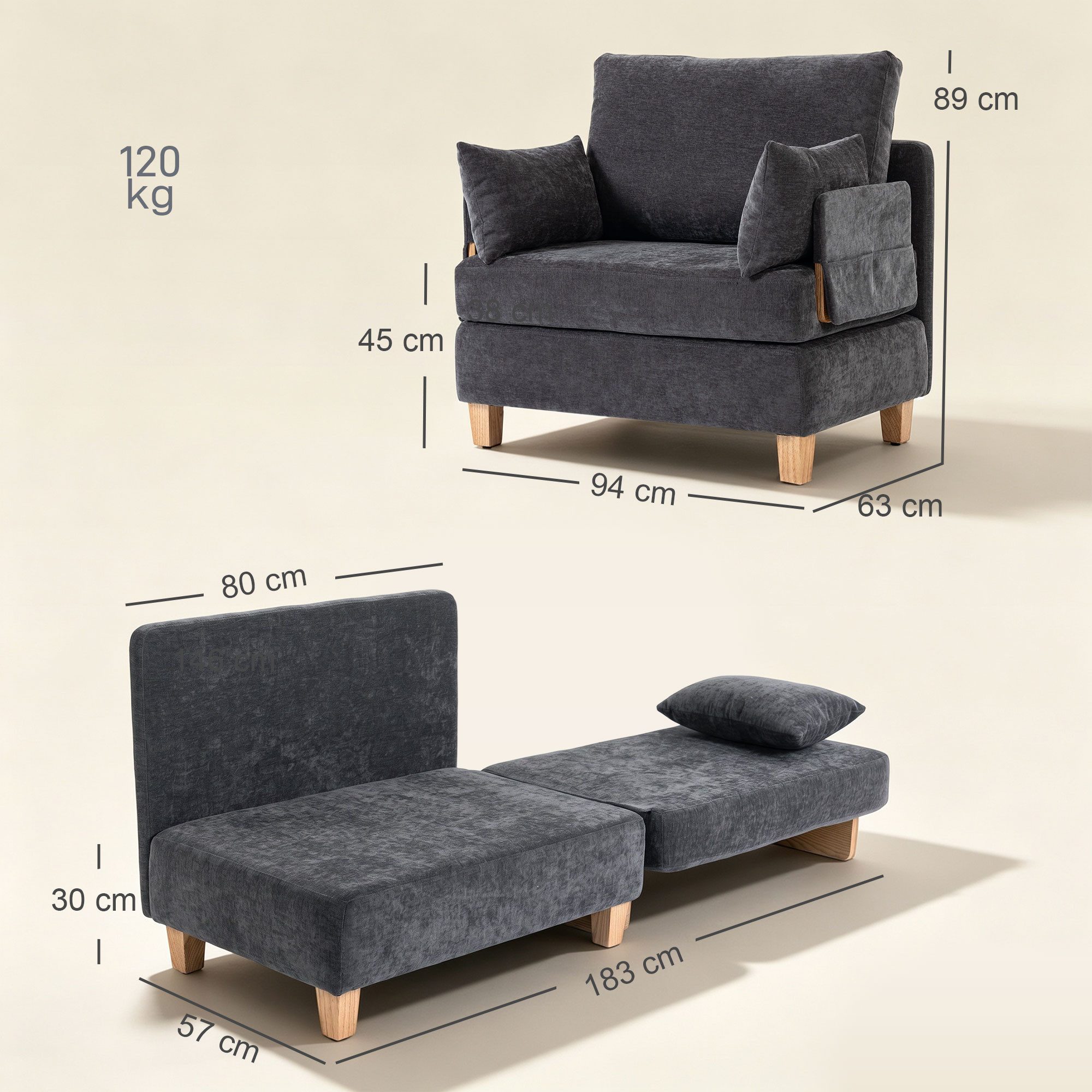 HOMCOM Schlafsofa Schlafsessel Gästebett mit 2 waschbaren Kissen Seitentaschen, Set 1 Teile, 2-in-1 Schlafsessel, Seitentaschen