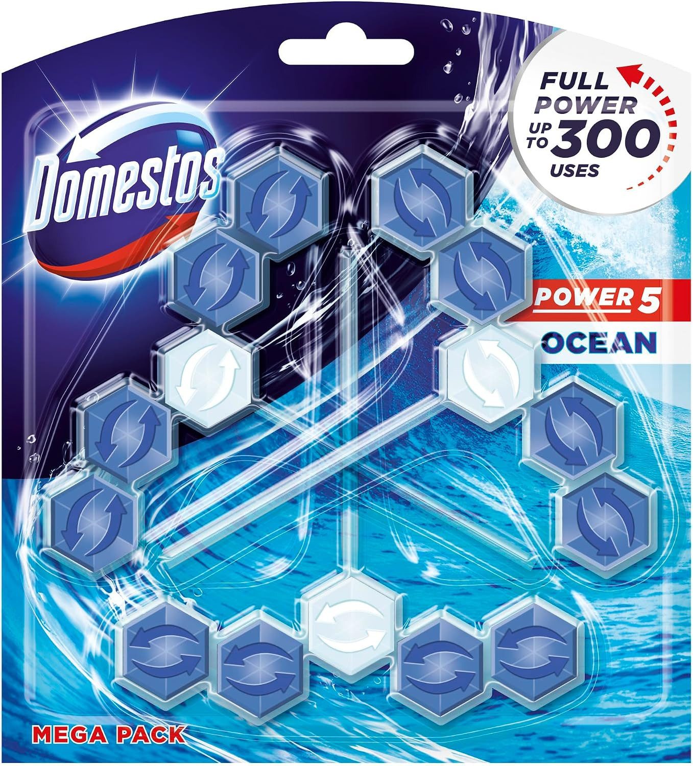 DOMESTOS 1x Domestos Power 5 WC-Stein Ocean 3er-Pack WC-Reiniger (1-St. mit der Hygiene-Kraft für ein sauberes WC)