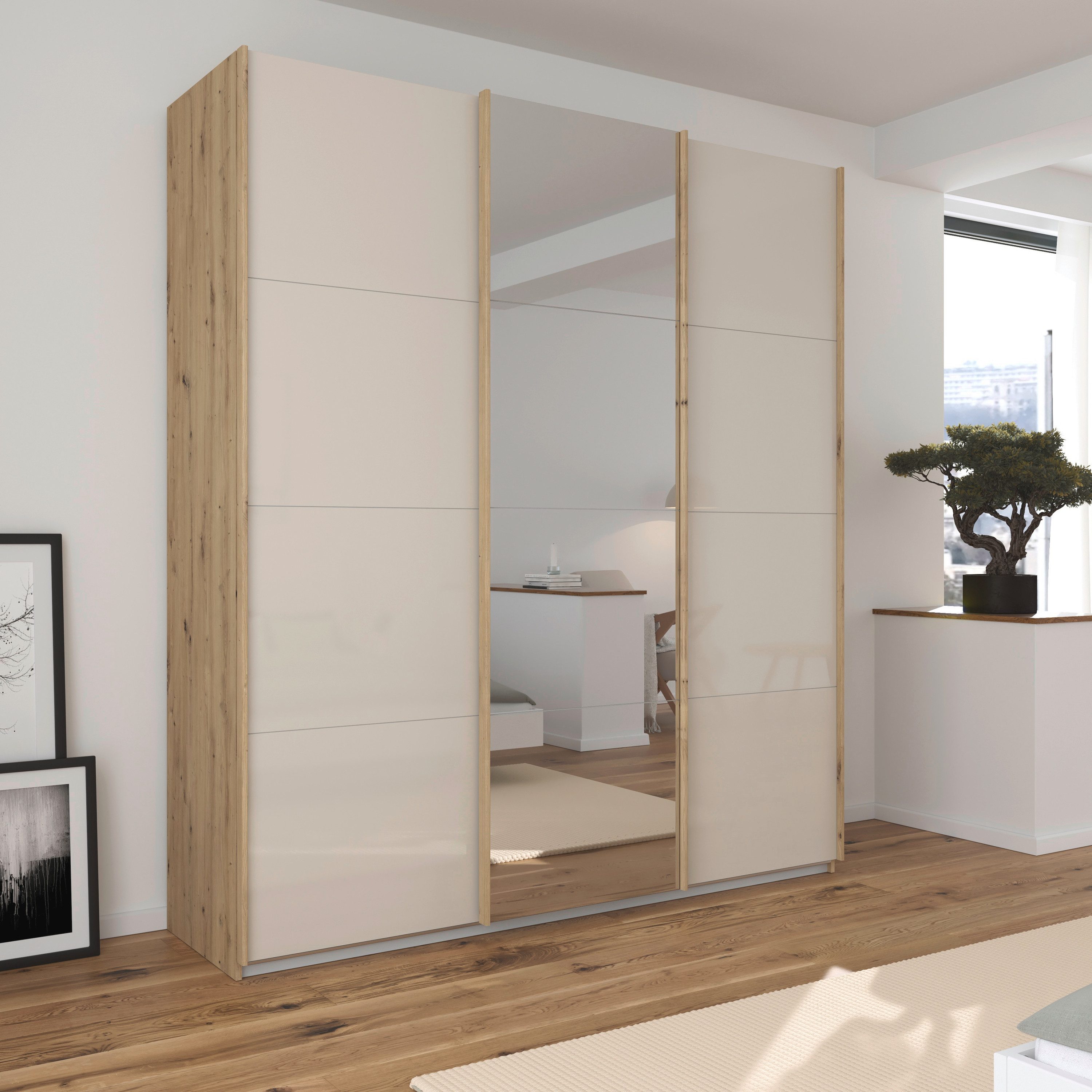 OTTO home Schwebetürenschrank Kleiderschrank Kleiderschränke Schrank Garderobe AGORDO mit Glasfront (Breiten 203/271/315/360 cm, Höhen 210/229 cm) durchdachte Innenausstattung, in 4 Breiten und 2 Höhen MADE IN GERMANY
