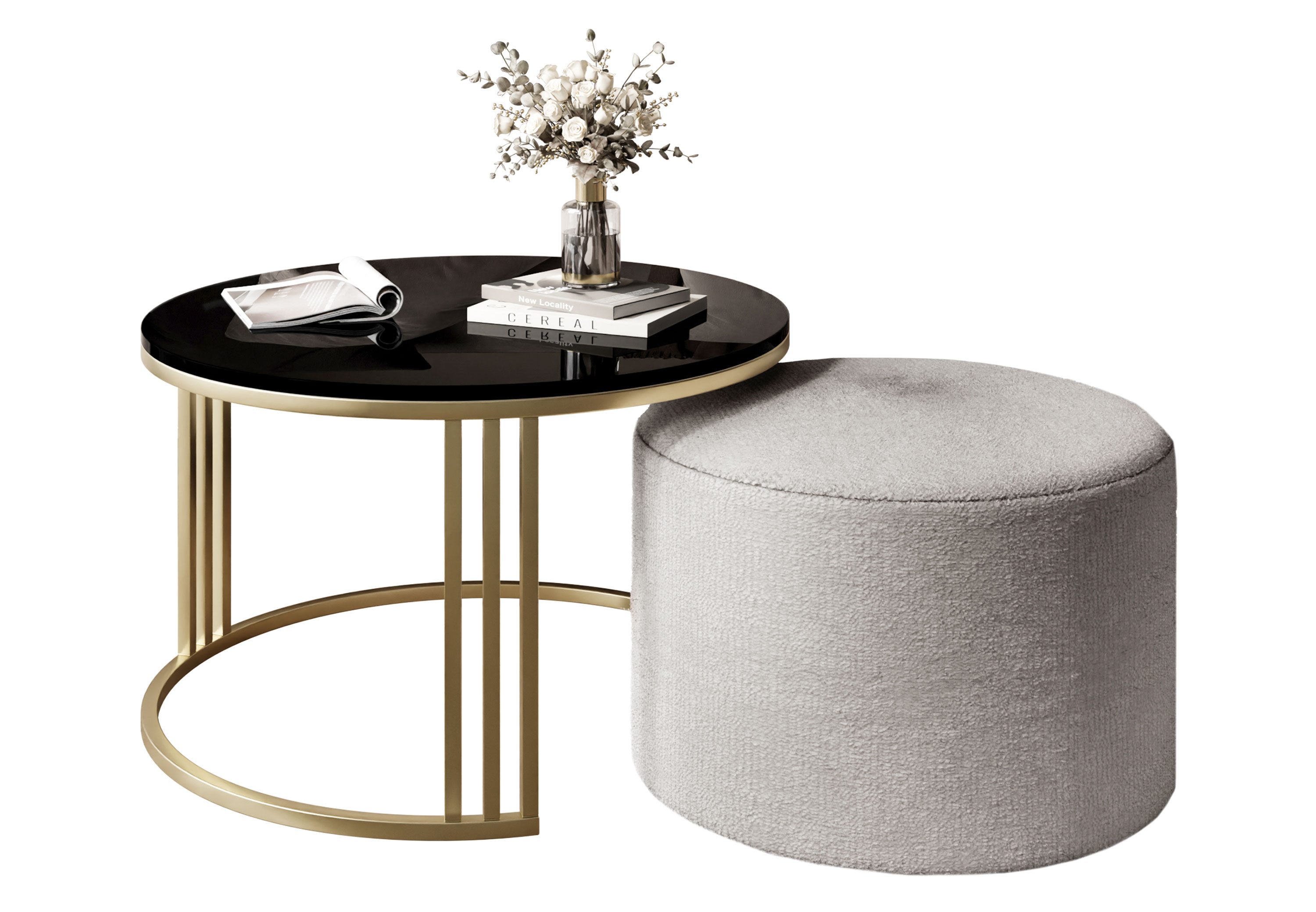 Lookway Couchtisch LORI HOCHGLANZ mit Hocker auf einem gebürsteten goldenen Gestell (1 Tisch mit Hocker), Durchmesser: ⌀70 cm