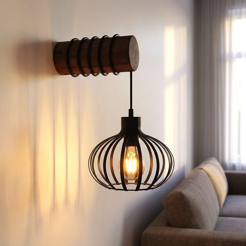 GLOBO LIGHTING LED Wandleuchte, Leuchtmittel inklusive, Warmweiß, LED Wandleuchte Holz Drahtgeflecht Braun Höhenverstellbar H 59 cm
