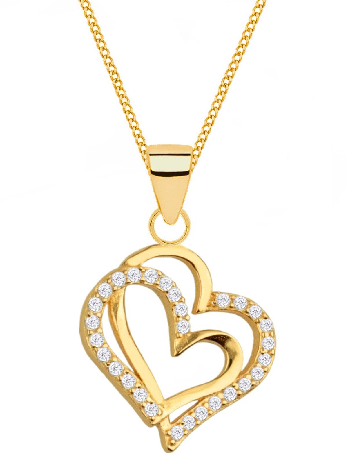 Goldene Hufeisen Herzkette vergoldete Halskette mit zwei Herzen – eine Liebe, Geschenkidee Damen, 925 Sterling Silber (hypoallergen)