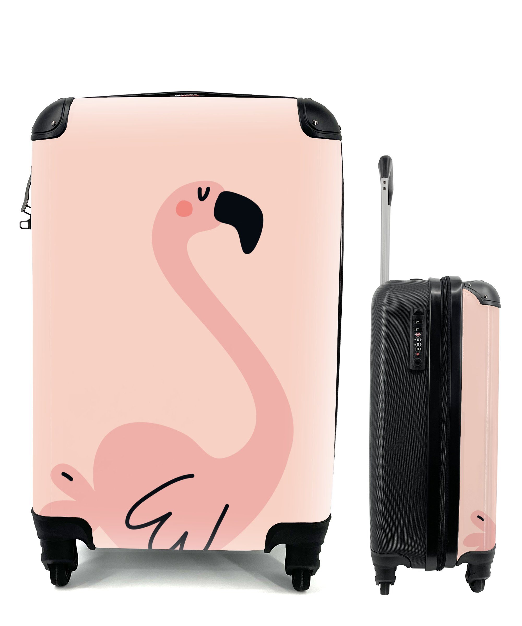 MuchoWow Handgepäckkoffer Illustration eines rosa Flamingos auf einem rosa Hintergrund, 4 Rollen, Reisetasche mit rollen, Handgepäck für Ferien, Trolley, Reisekoffer