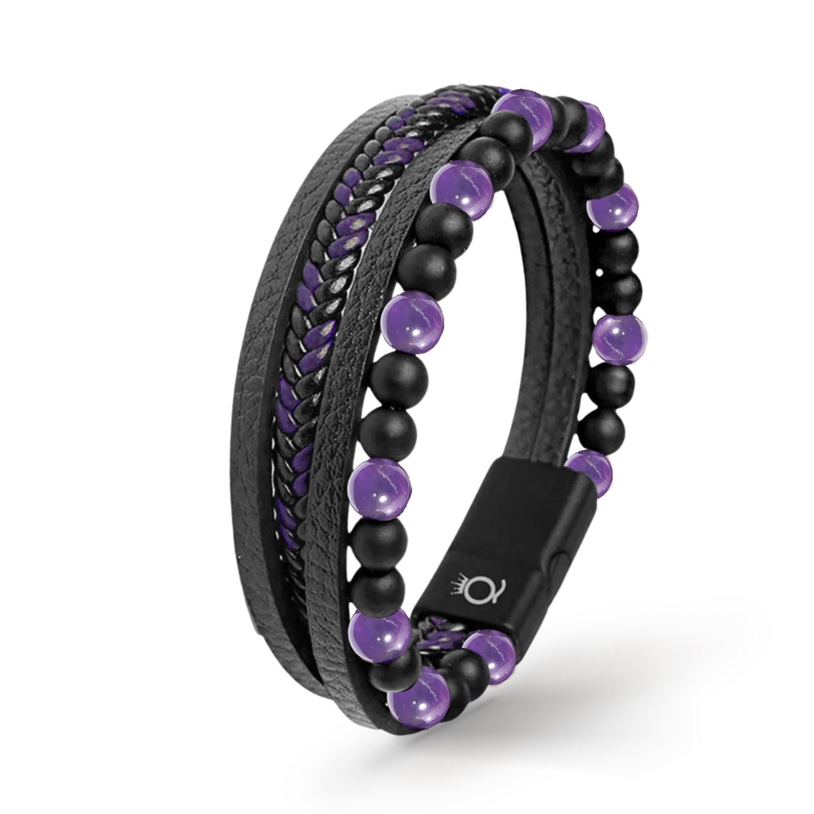 UNIQAL.de Lederarmband Lederarmband Herren "FANCY" Perlenarmband Naturstein Geflochten (Edelstahl, Echtleder, Casual Style, handgefertigt) Amethyst