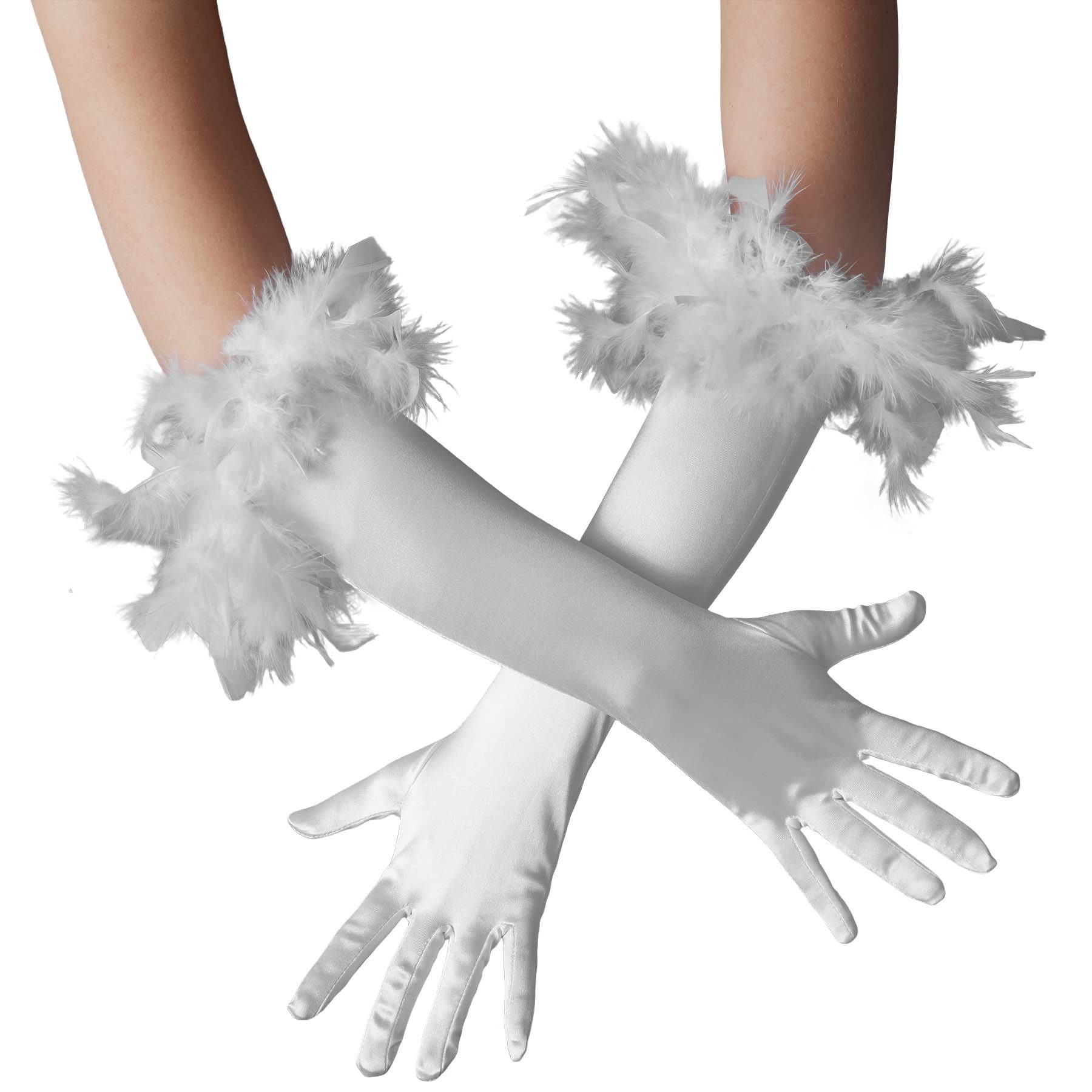 dressforfun Kostüm Lange Satin-Handschuhe mit Federn, Edle Satin-Handschuhe in Einheitsgröße