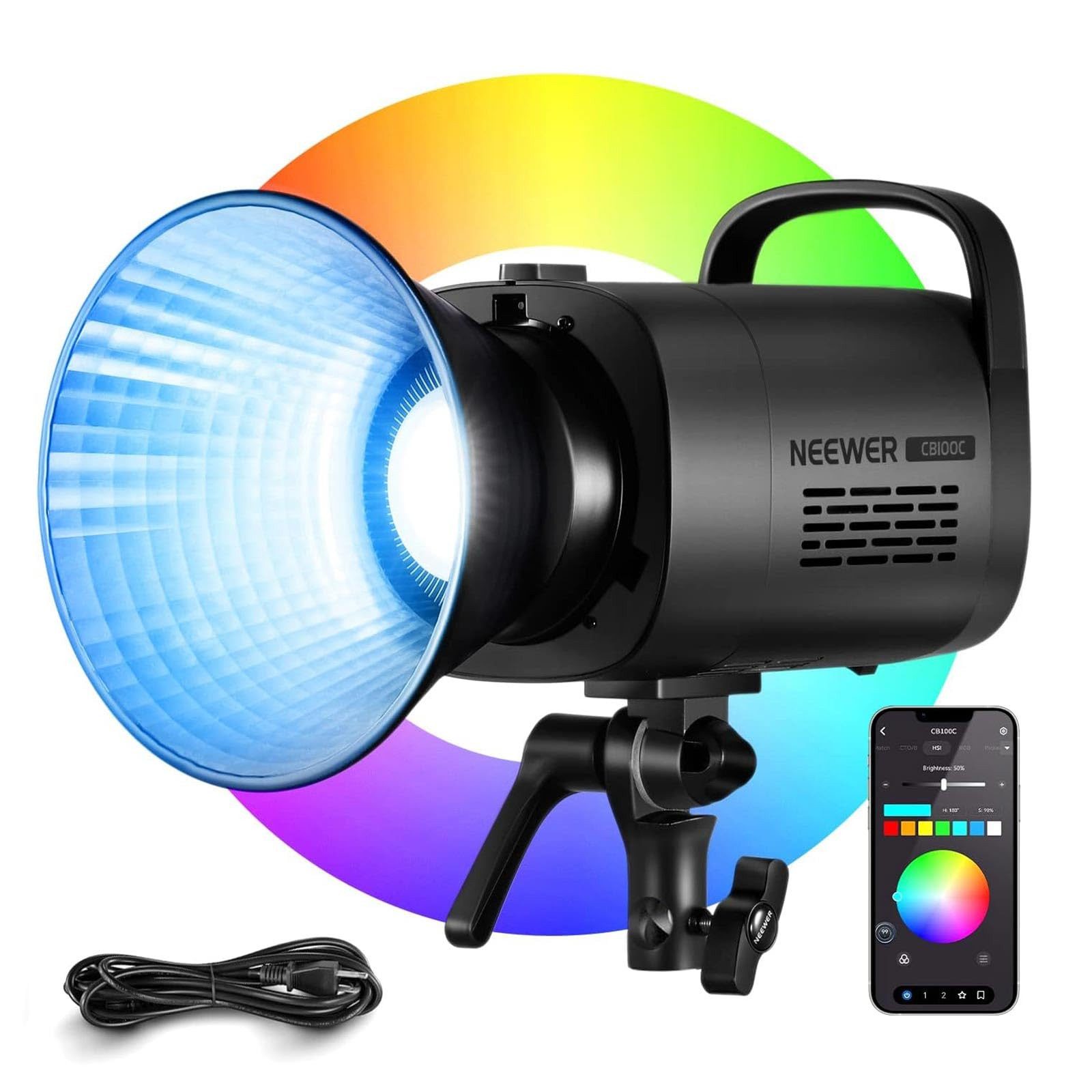 Neewer Videoleuchte CB100C 130w RGB LED Videoleuchte,COB Dauerlicht mit APP/2,4G Steuerung, Energie Effizienz Label: G-Dimmbarfunktion
