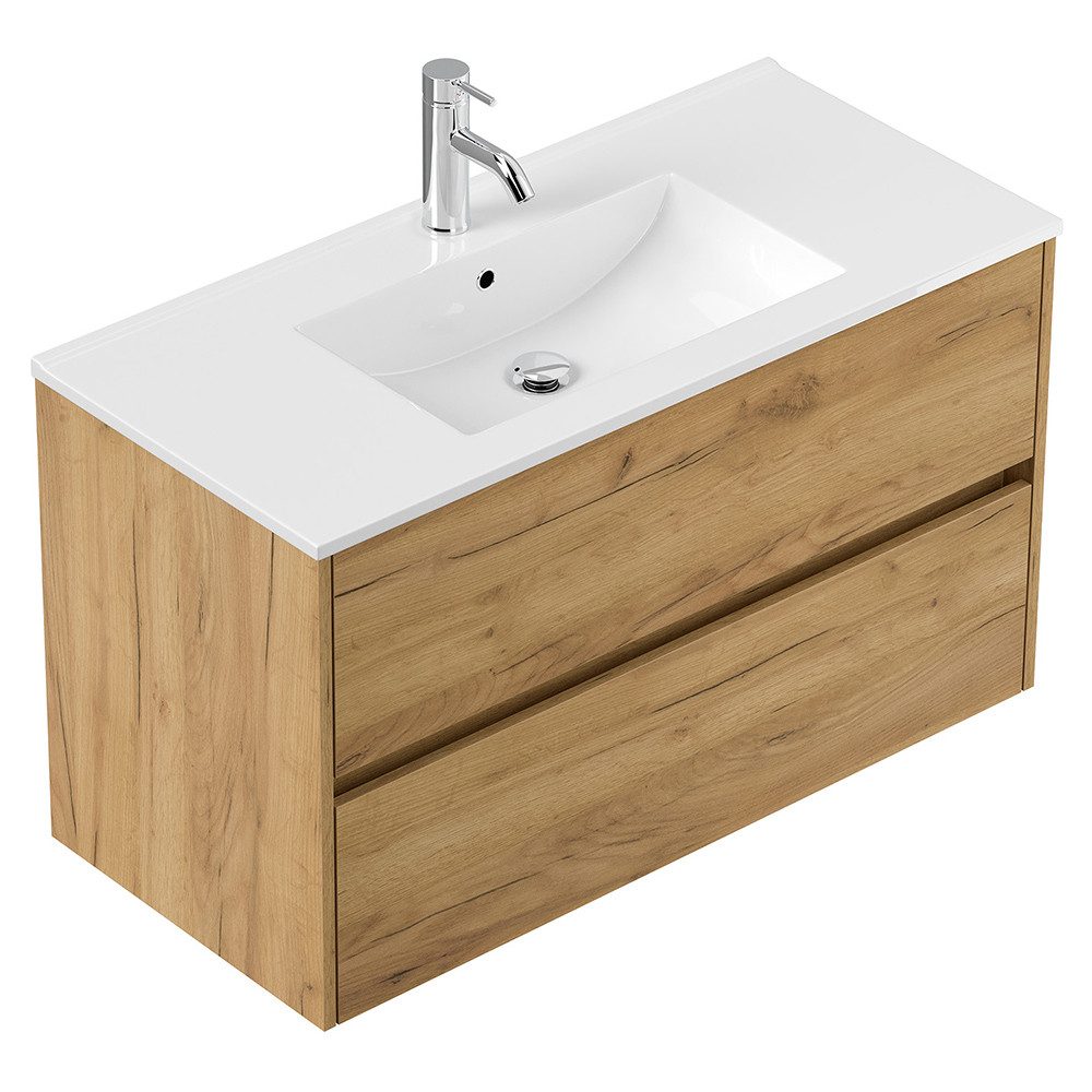 Lomadox Waschtisch LIVIGNO-02, 100cm breit, Keramikwaschbecken, Eiche