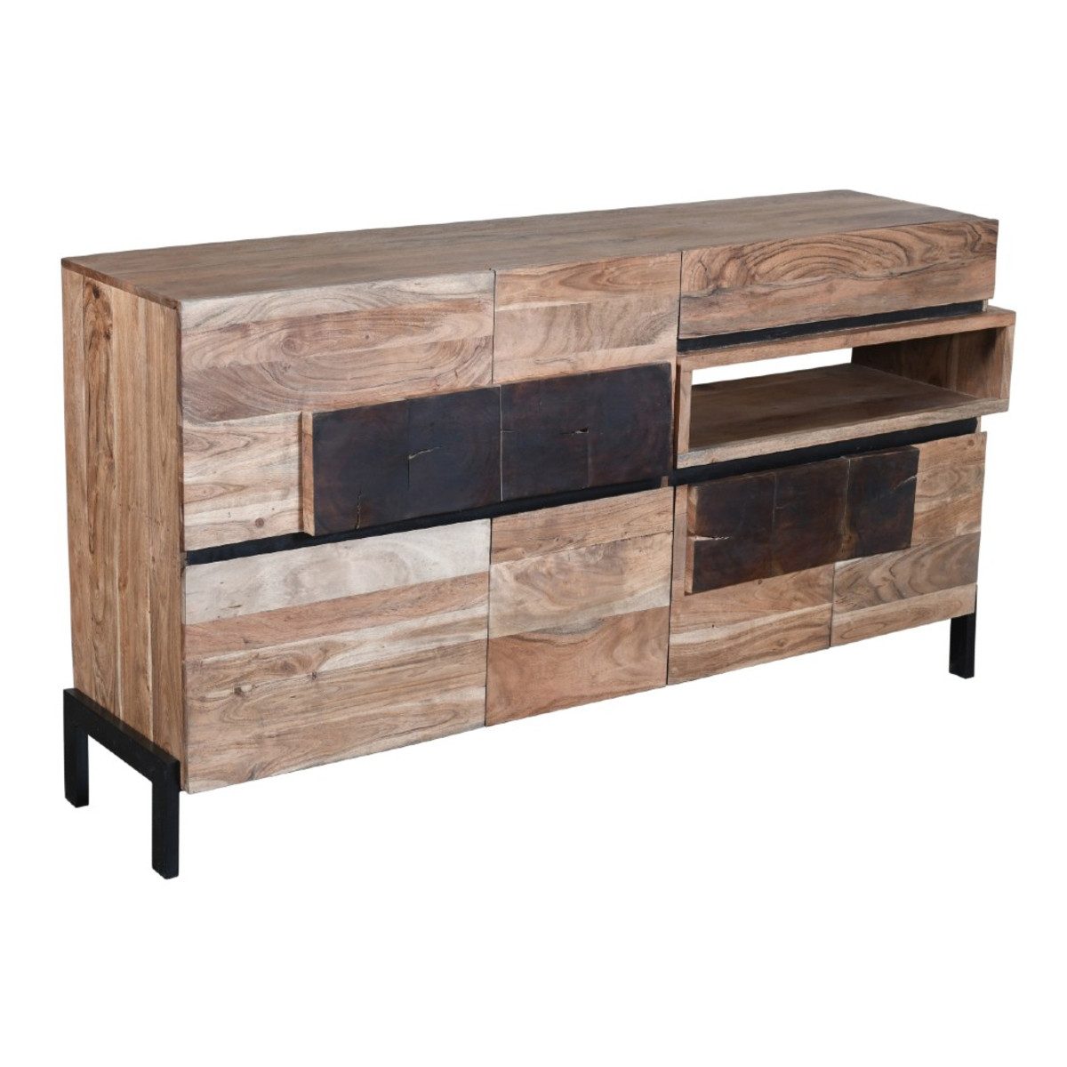 Liadomo Sideboard Leon, Akazie Massivholz, Hirnholzaufsätze, Türen, Schublade, LED-Beleuchtung