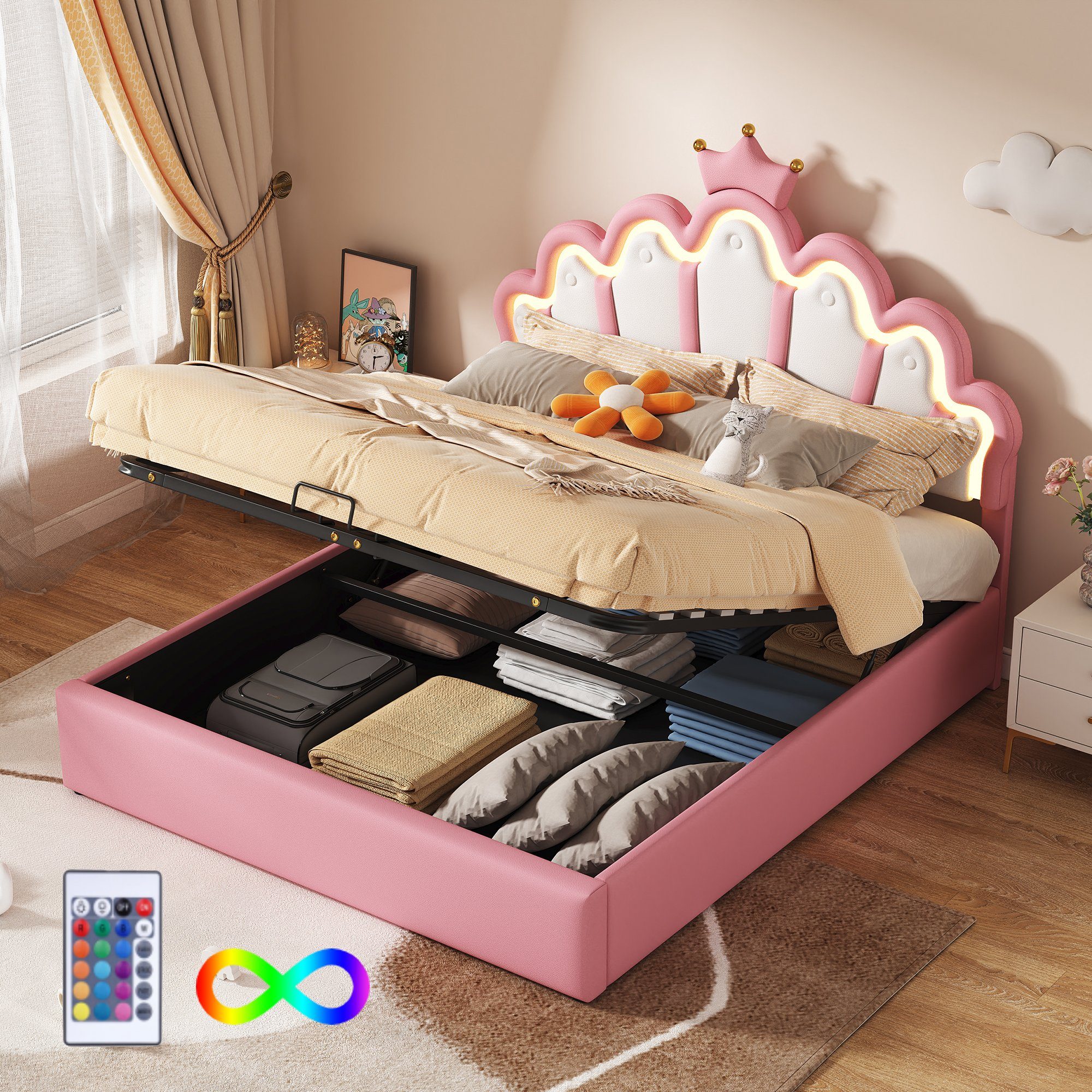 Flieks Polsterbett, LED Kinderbett Doppelbett mit krone-Form Prinzessinnenb günstig online kaufen