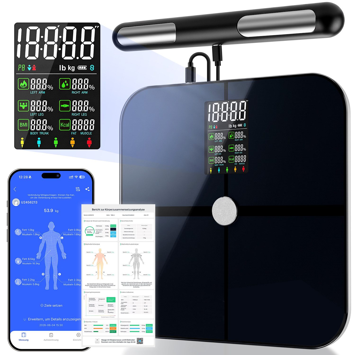 CkeyiN Pro Körper-Analyse-Waage Körperfettwaage mit 8 Elektroden,Ganzkörperanalyse Waage,Personenwaage, mit 22 Körperparametern,Bluetooth App,180 kg/400 lbs, für 8 Nutzer, Großem Display,mit Körperfett und Muskelmasse,Protein, BMI