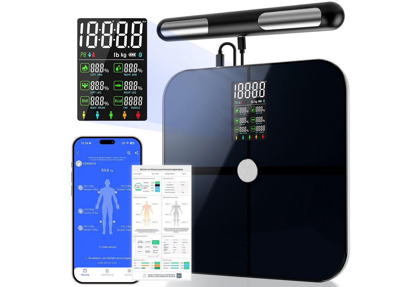 CkeyiN Pro Körper-Analyse-Waage Körperfettwaage mit 8 Elektroden,Ganzkörperanalyse Waage,Personenwaage, mit 22 Körperparametern,Bluetooth App,180 kg/400 lbs, für 8 Nutzer, Großem Display,mit Körperfett und Muskelmasse,Protein, BMI