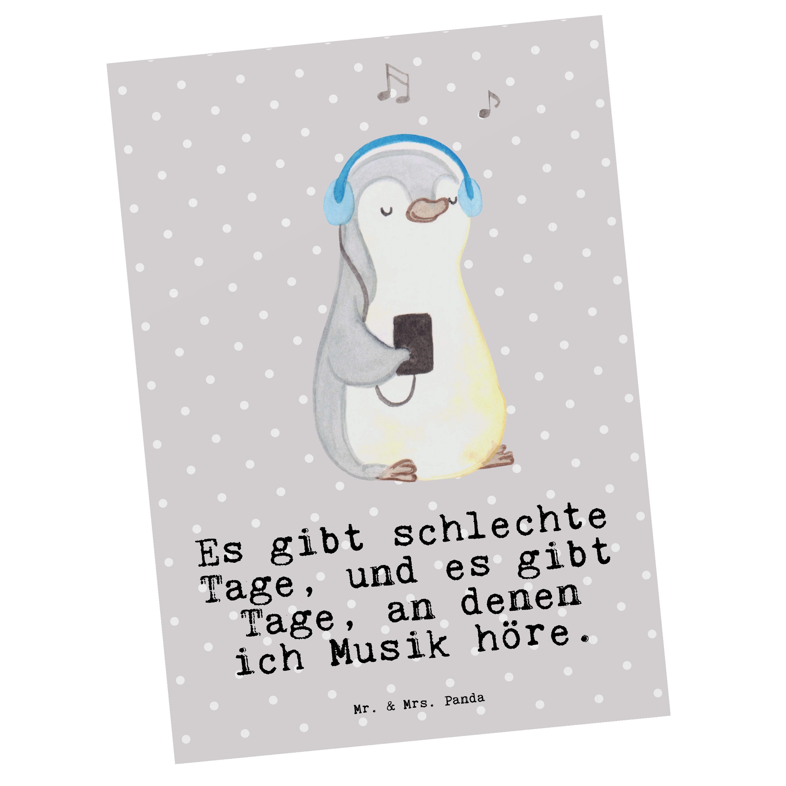 Mr. & Mrs. Panda Postkarte Pinguin Musik hören Tage - Grau Pastell - Geschenk, Dankeskarte, Ansi