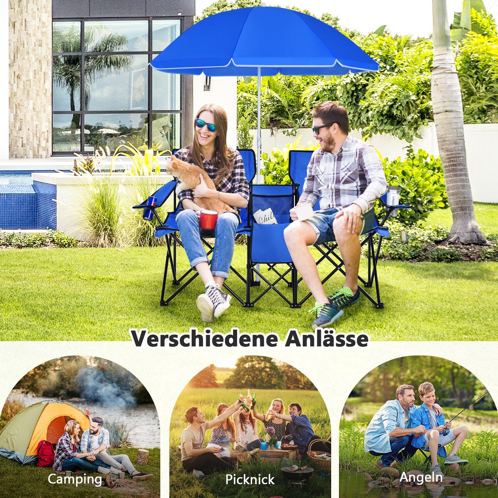 Getränkehalter COSTWAY & mit Kühltasche, Sonnenschirm, Campingstuhl, faltbar Blau