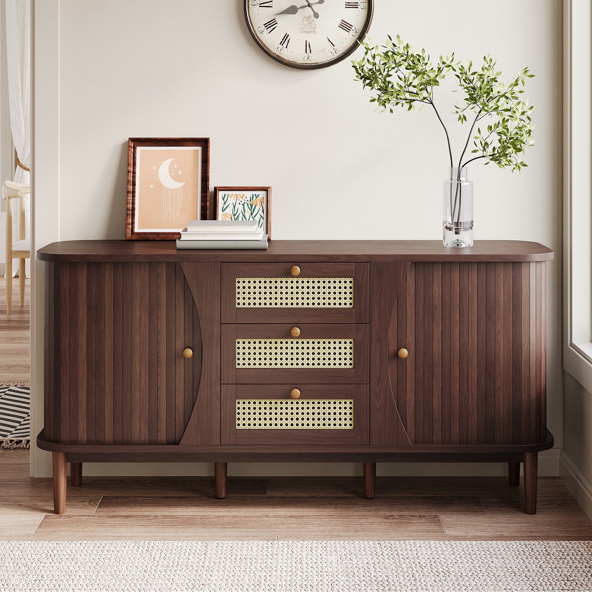 KLAM HOME Sideboard Rattankommode, Kommode mit Schiebetüren, mit verstellba günstig online kaufen