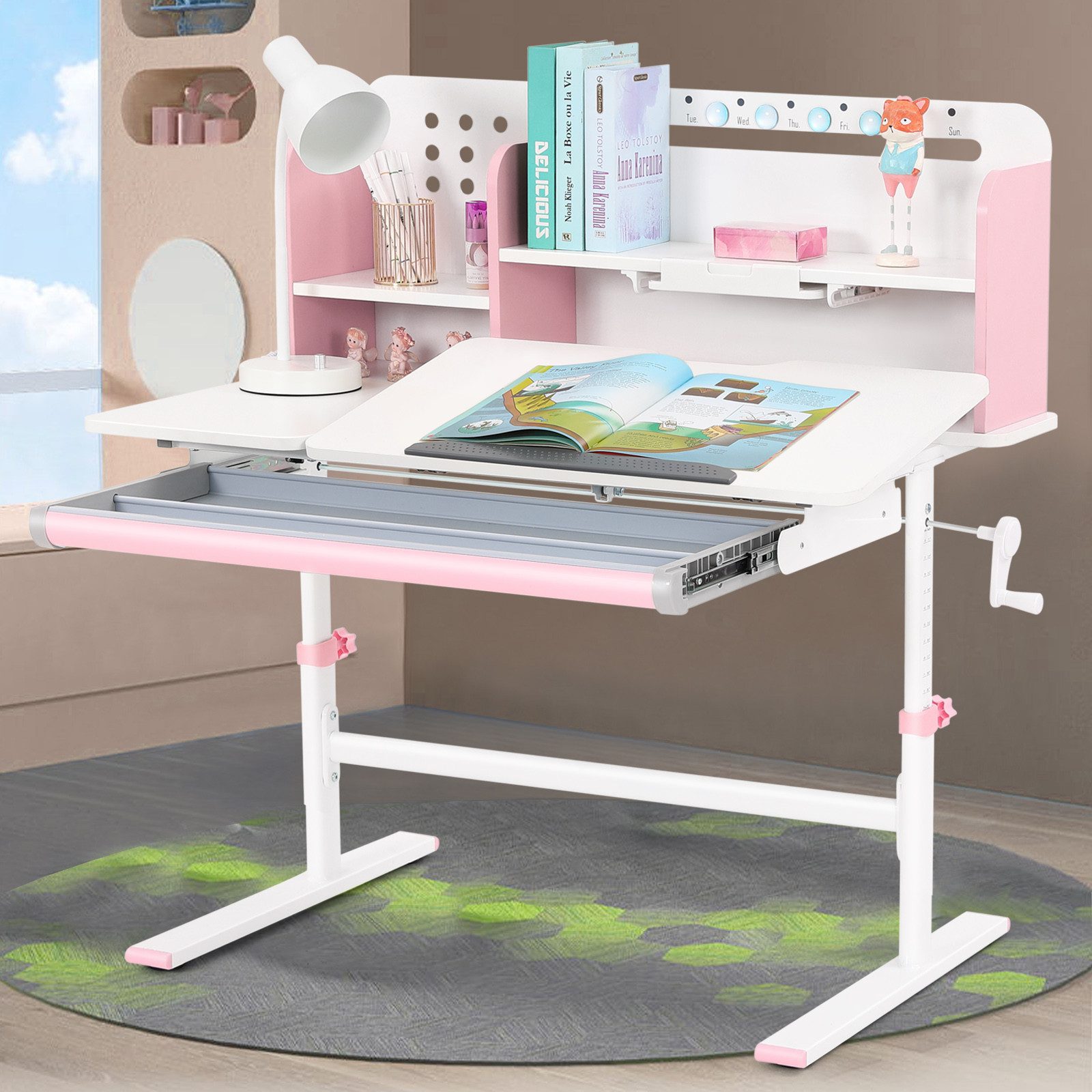 JOYLDIAS Kinderschreibtisch mit Bücherregal, Schubladen und Haken – höhenverstellbar & neigbar (1-St), Studiertisch, Schreibtisch, multifunktionaler Schülerschr – Bild 4 von 5