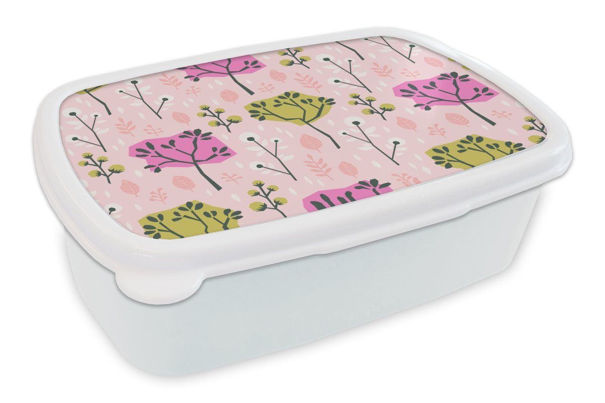 MuchoWow Lunchbox Rosa - Bäume - Blätter - Design, Kunststoff, (2-tlg), Brotbox für Kinder und Erwachsene, Brotdose, für Jungs und Mädchen weiß