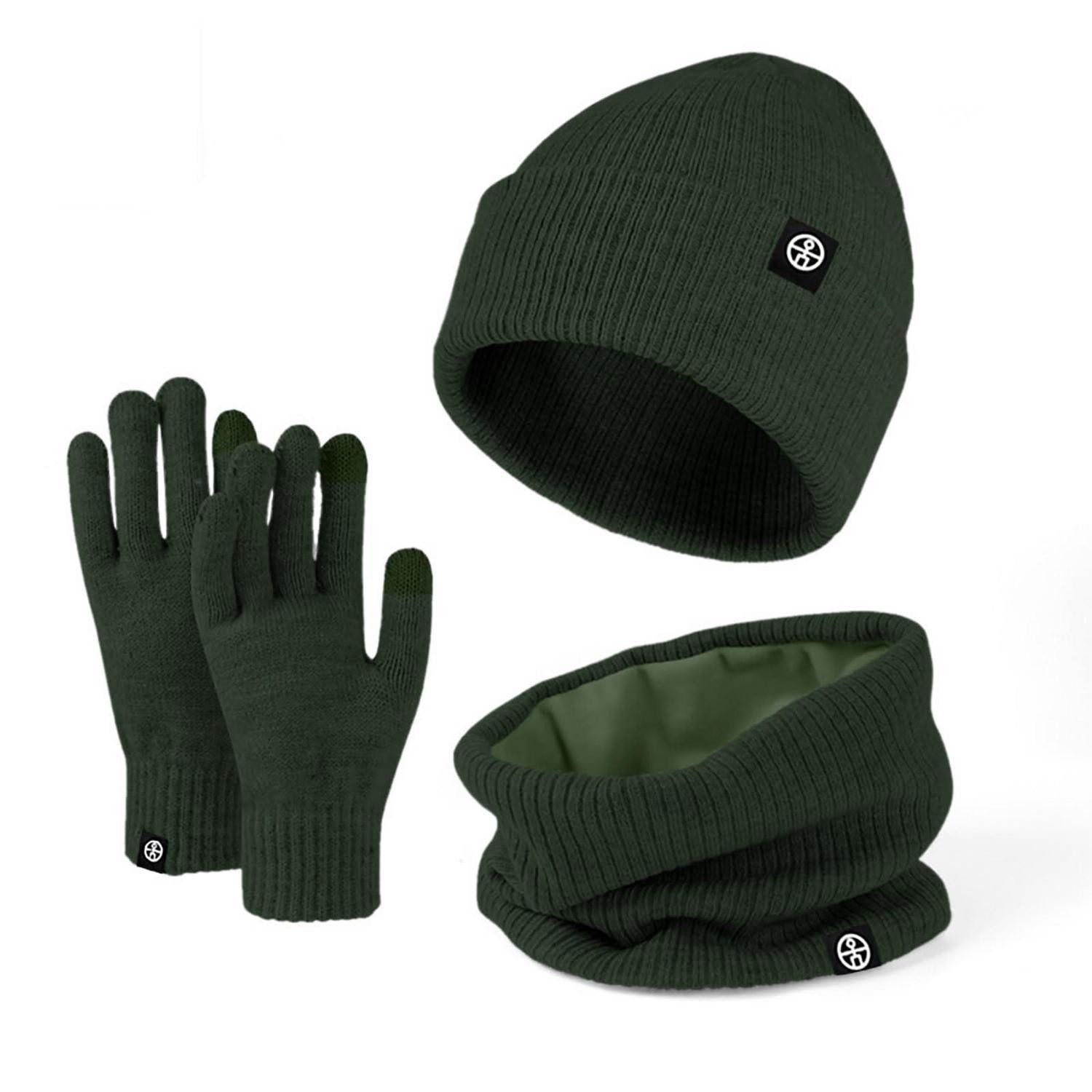 LuxusKollektion Strickhandschuhe 3-teiliges Winterset Thermo Strickmütze Schal Handschuhe Armeegrün (1-St)