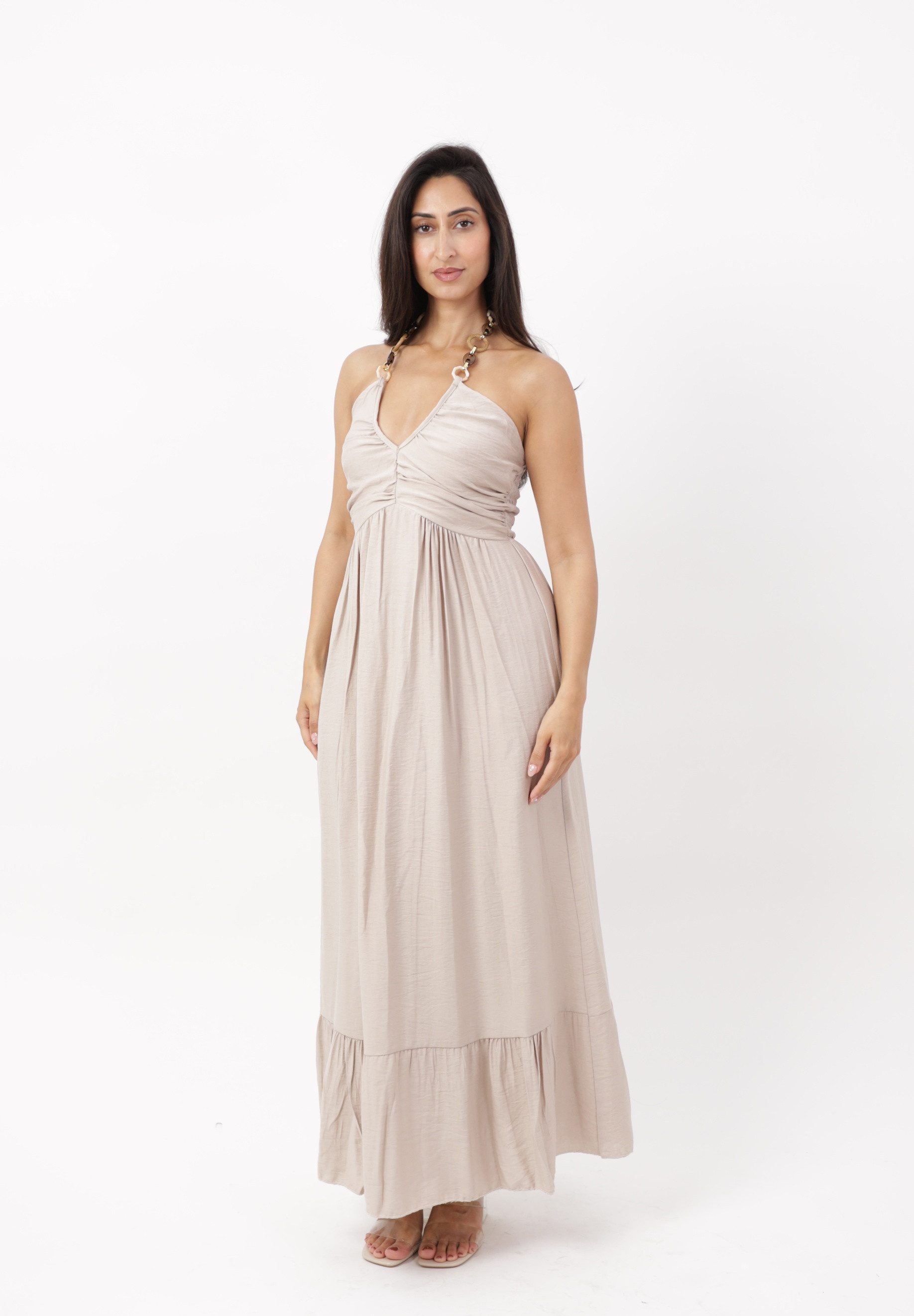 Elara Maxikleid Damen Maxikleid mit Neckholder, Schmuckringen und gerafftem Oberteil (1-tlg)