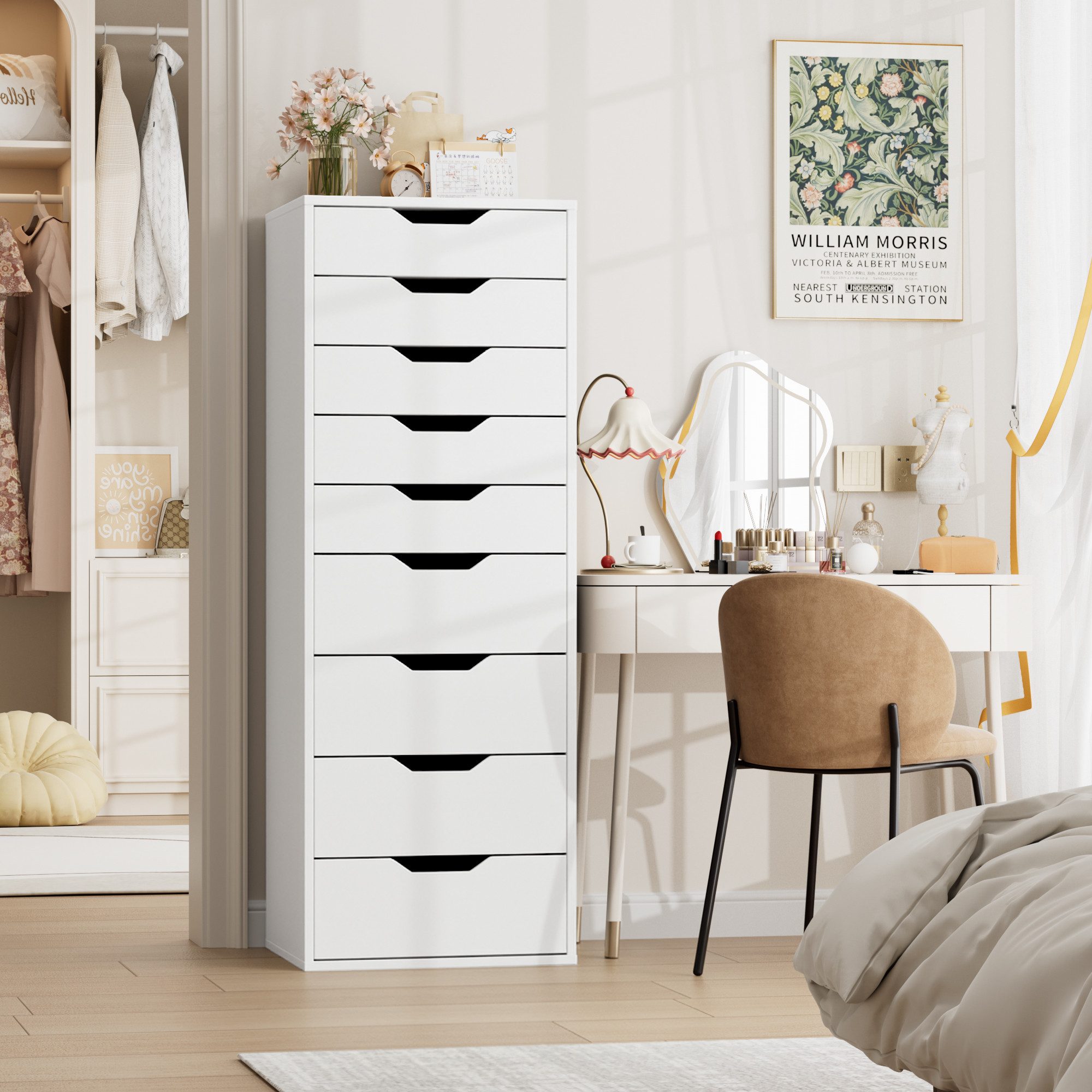 Homfa Kommode Schubladenschrank, Hochkommode, mit 9 Schubladen, schmal, weiß, 45x40x124cm