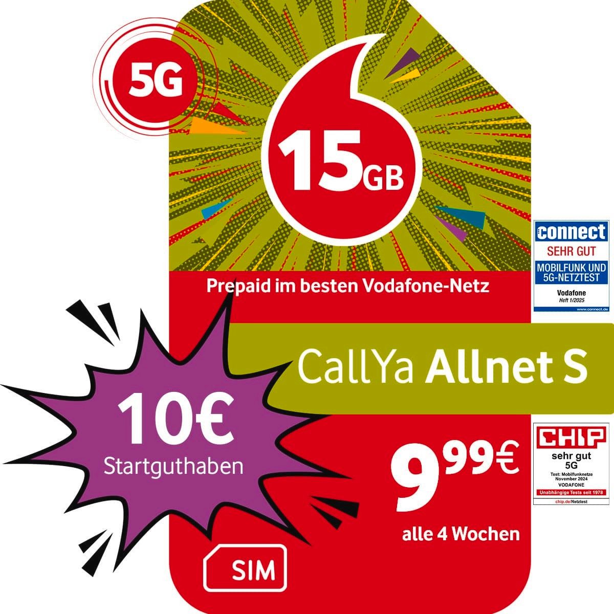Vodafone Prepaid CallYa S, 15 GB statt 10 GB, 10 EUR Prepaidkarte
