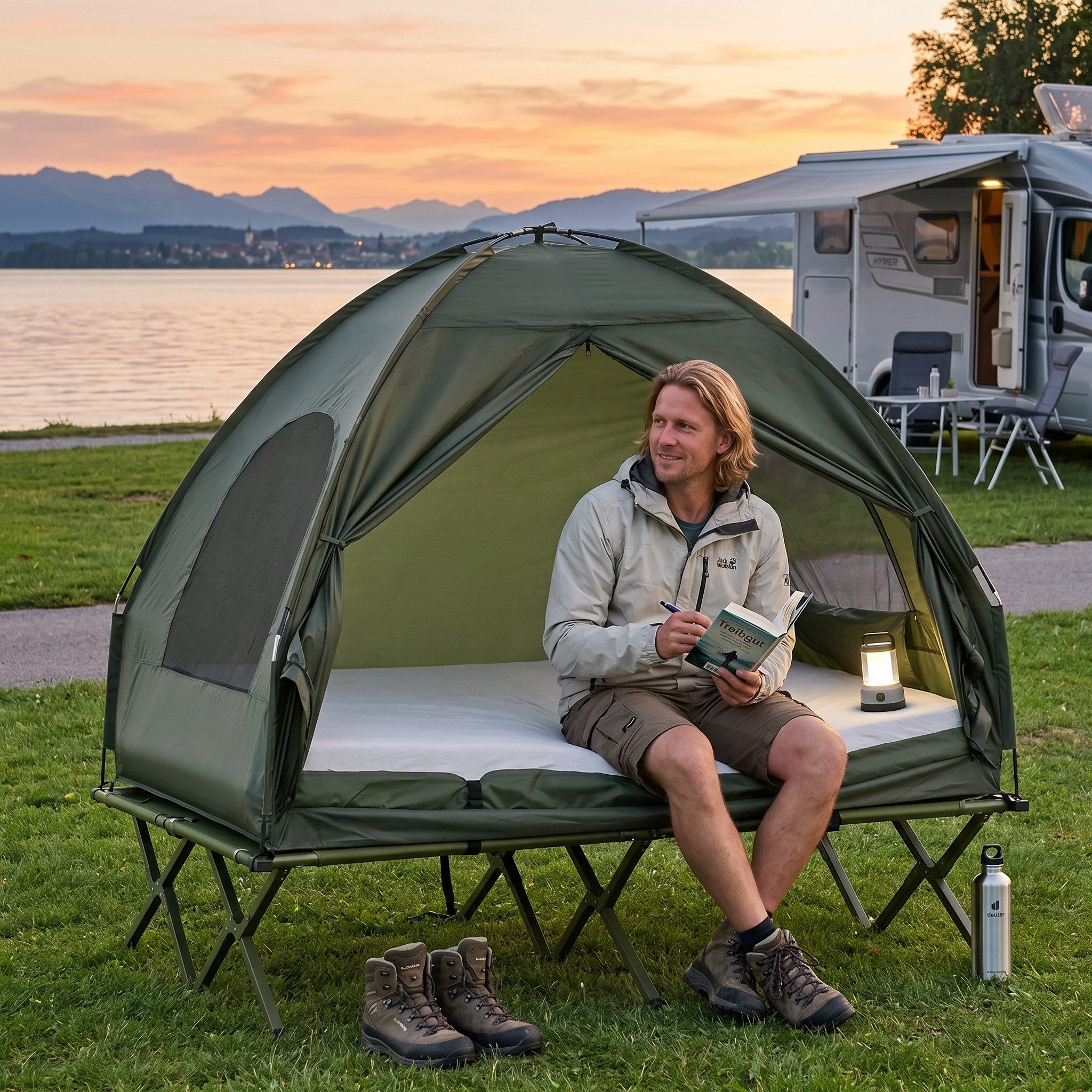L&K Kuppelzelt Camping Set 2 Personen Kuppelzelt mit Luftmatratze wasserdicht, Personen: 2 (Camping-Set), Komplettset Zelt Feldbett Luftmatratze Pumpe Kissen Decke Tasche