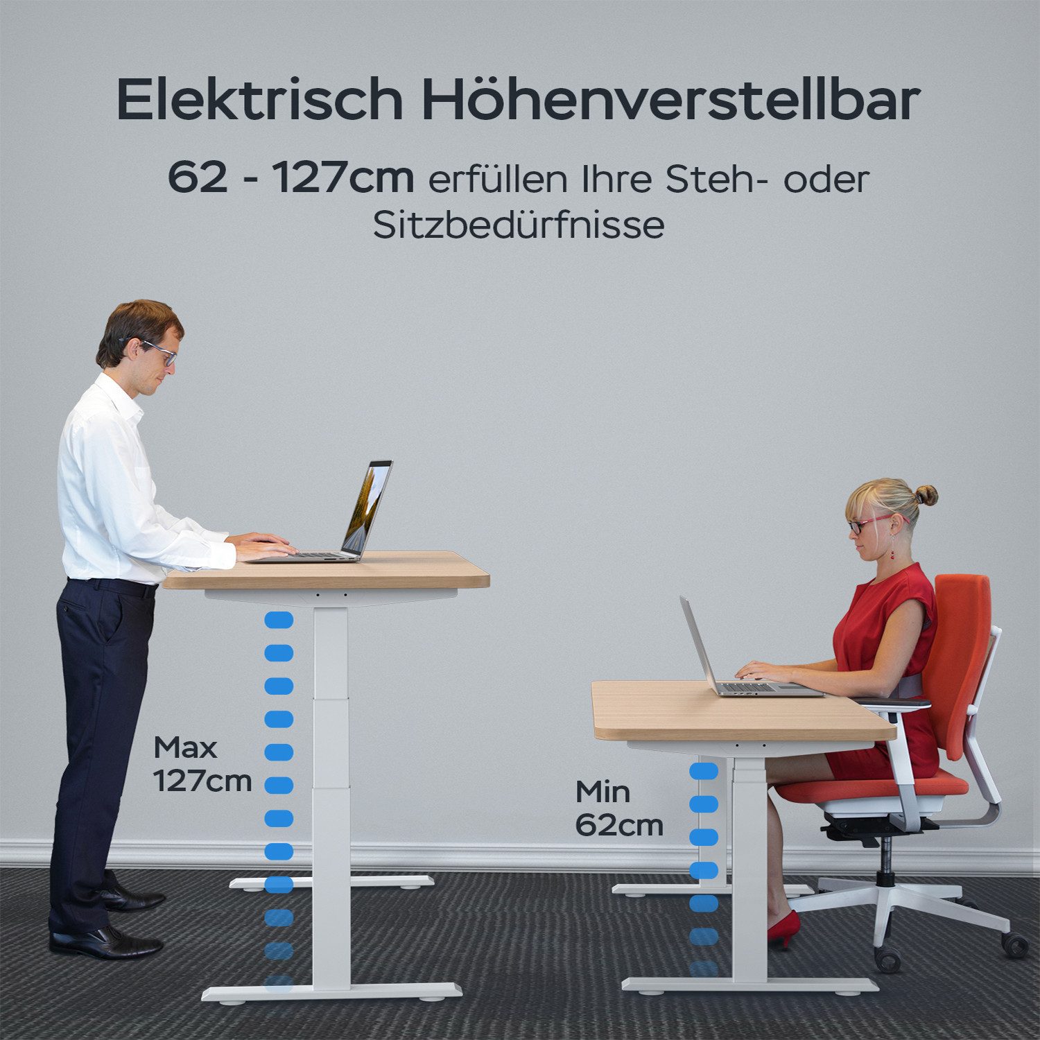 kowdom Schreibtisch Höhenverstellbares Schreibtischgestell Dual Motor 62-127cm Memory Weiß (Schreibtischgestell, elektrisch höhenverstellbar), Höhenverstellbar, Memory, Kollisionsschutz, LED, Kindersicherung