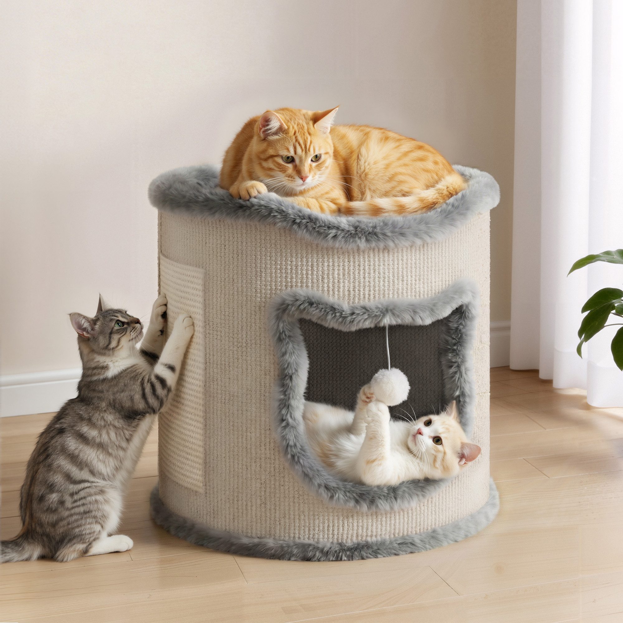 Klyvvo Katzenhaus Großes Katzenhaus, Komfortables Katzenbett, Katzenhöhle, mit Kratzbaum, Spielball, für mittelgroße große Katzen, einlagig