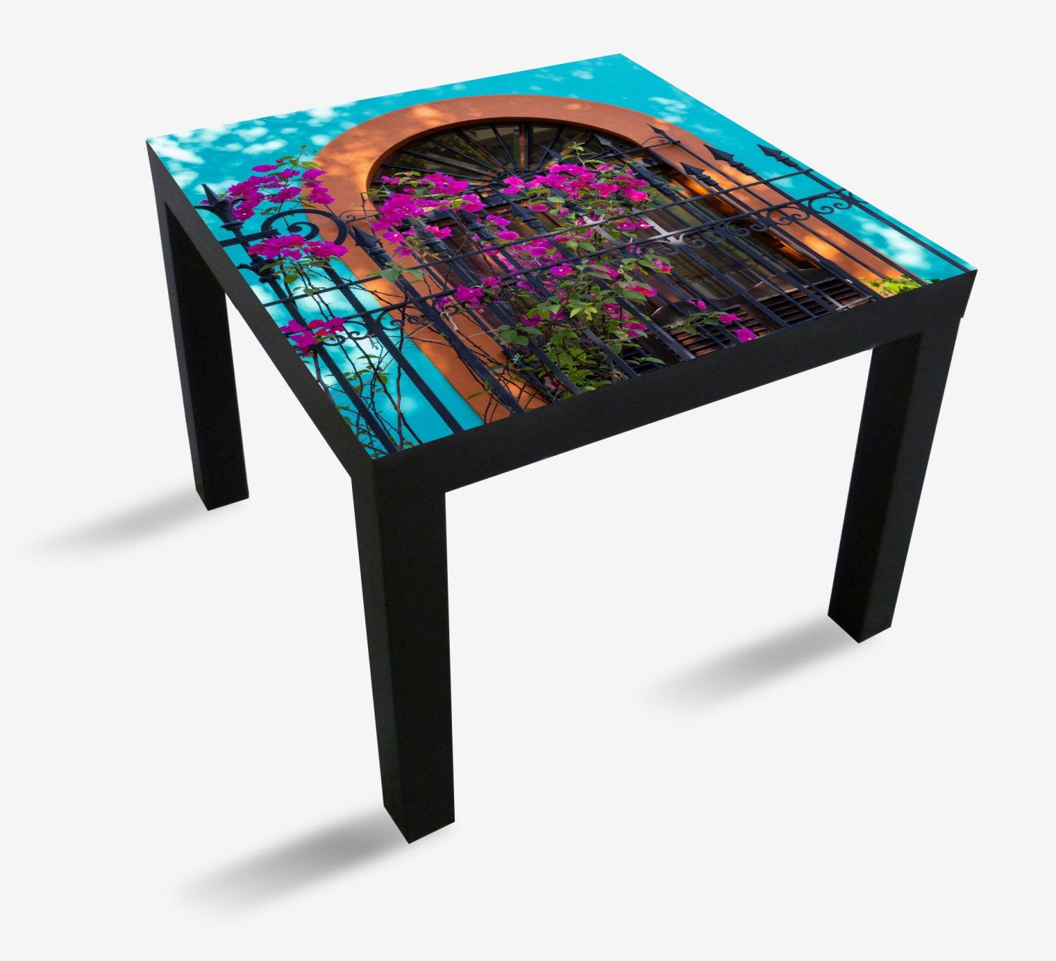 Wallario Möbelfolie Pinke Blumen vor türkisfarbener Fassade