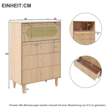 IDEASY Sideboard Sideboard, Aufbewahrungsschrank, 80*40*120 cm, (mit 3 Schubladen und einem Fach), Rattantür, geräuschlose Scharniere, 15 cm über dem Boden