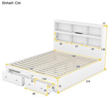 Ulife Massivholzbett Doppelbett Kingsize mit USB-Anschluss, Kopfteil mit Stauraum, 160x200cm, mit Bettkasten