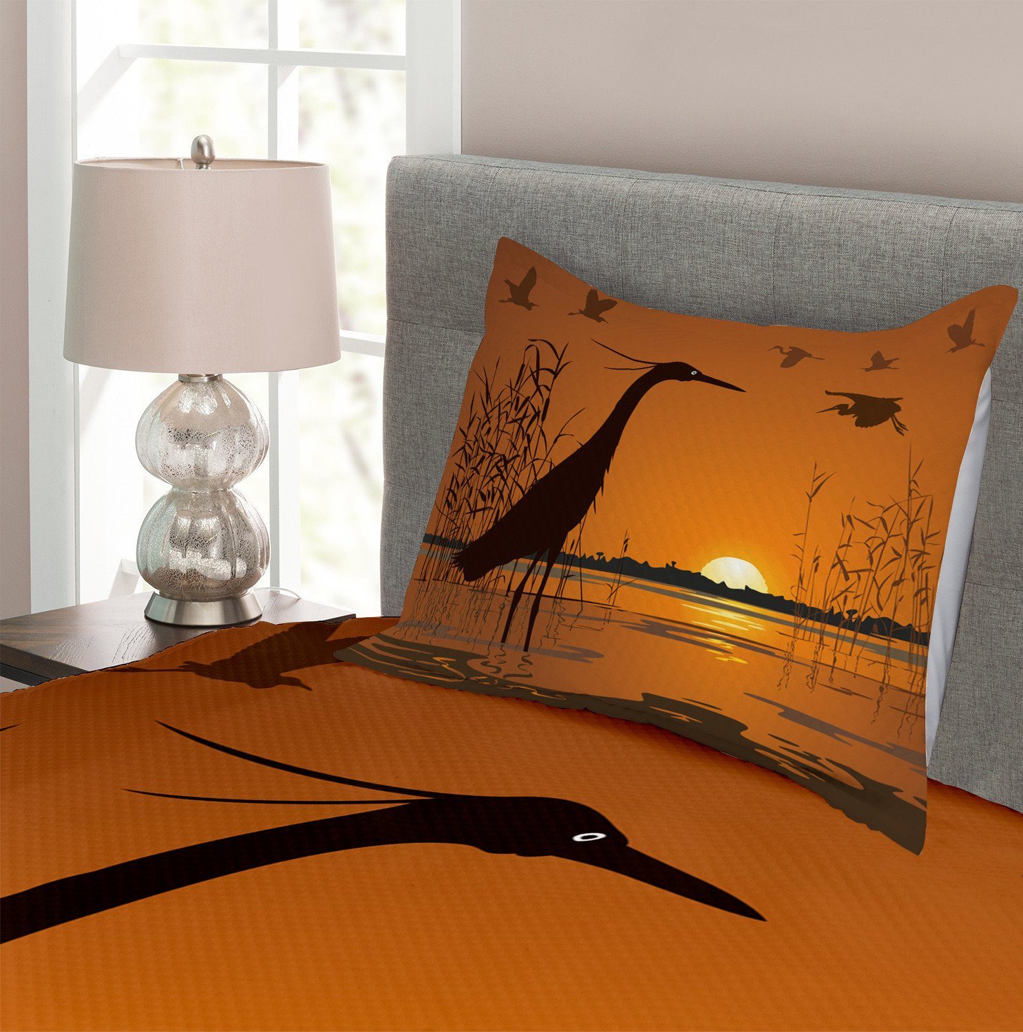 Tagesdecke Sumpf Vogel-Silhouetten Abakuhaus, Sonnenuntergang Kissenbezügen Waschbar, Set Reiher mit