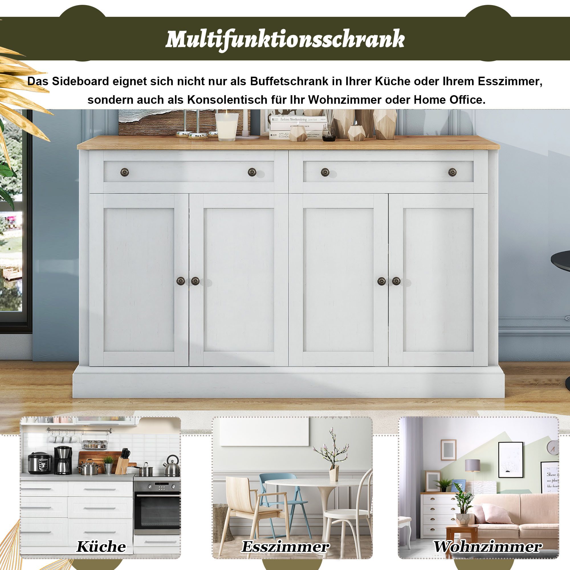 STILVORA Sideboard mit Schubladen,Beistellschrank Aufbewahrungsschrank mit Metallgriff (Schrankkorpus mit Naturholzplatte, Multifunktionaler Buffetschrank für Esszimmer & Wohnzimmer, Elegantes Design für modernes Zuhause, 150 x 86 x 40 cm (L/B/H)