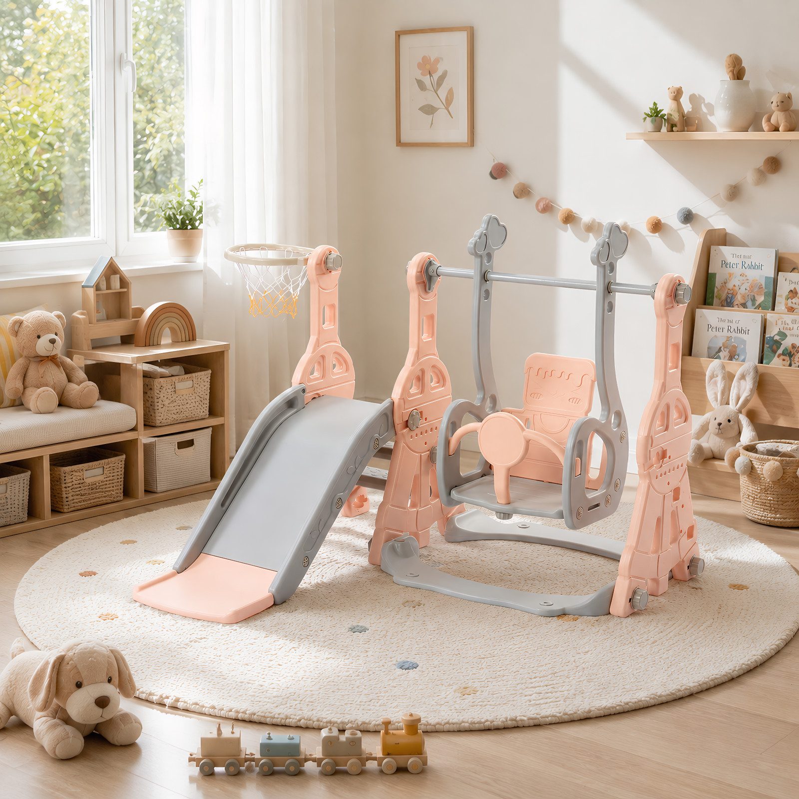 Simurq Rutsche Kinderrutsche 4 in 1 Mit Rutsche,Schaukel,Klettergerüst,Basketballkorb, (kinderrutsche Outdoor, Kinder Rutsche), Kinderrutsche Outdoor Indoor, Freistehende Rutsche, Spielplatz